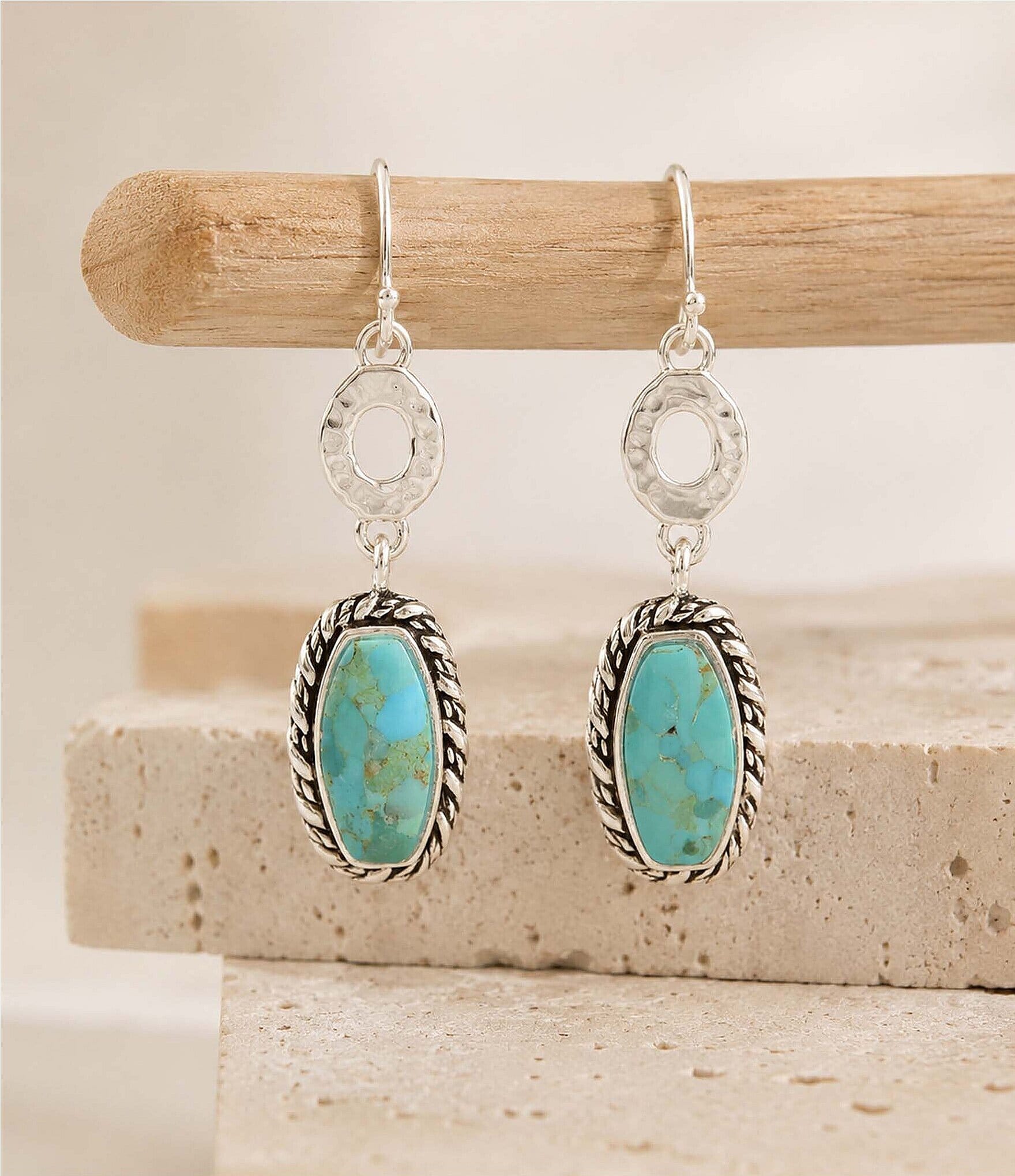 Barse Forged Sky Silver and Genuine Turquoise Drop Earrings