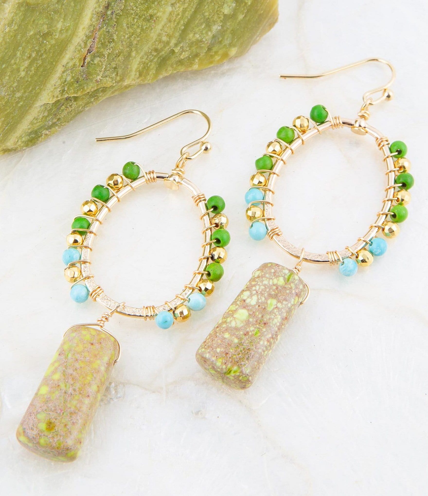 Barse Genuine Jasper and Magnesite Stone 3'' Drop Earrings