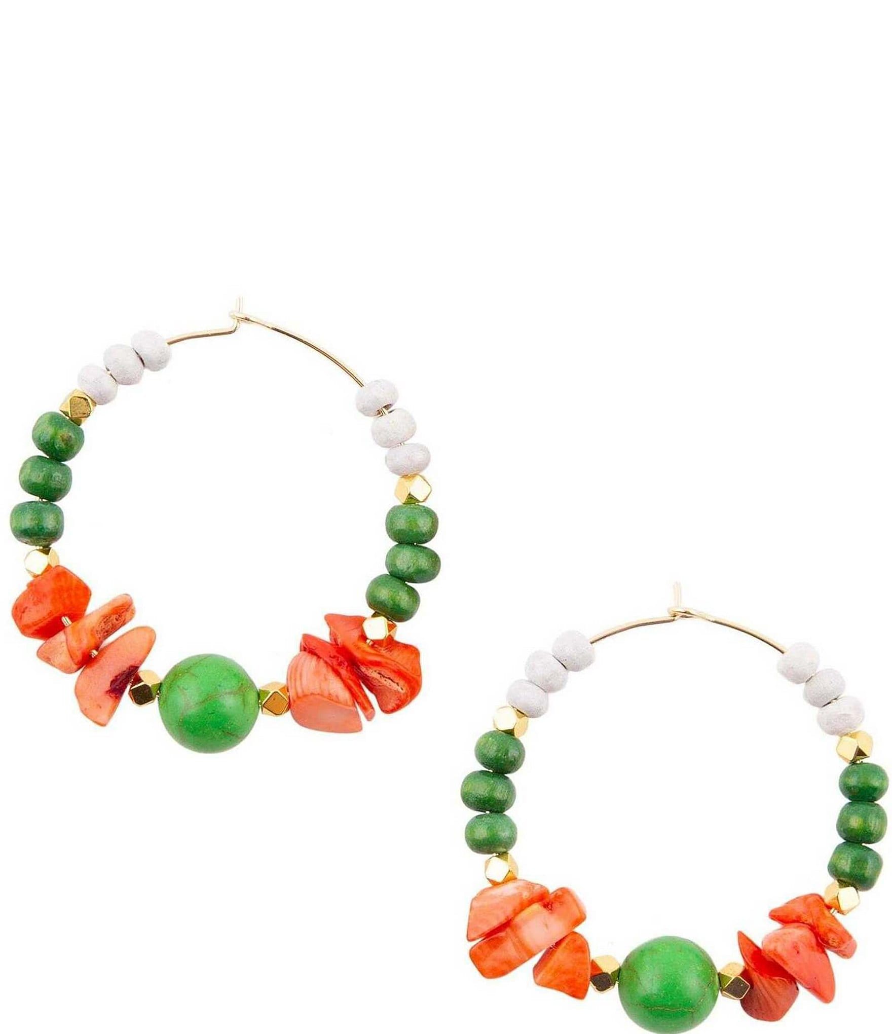 Barse Genuine Magnesite and Coral Stone Hoop Earrings