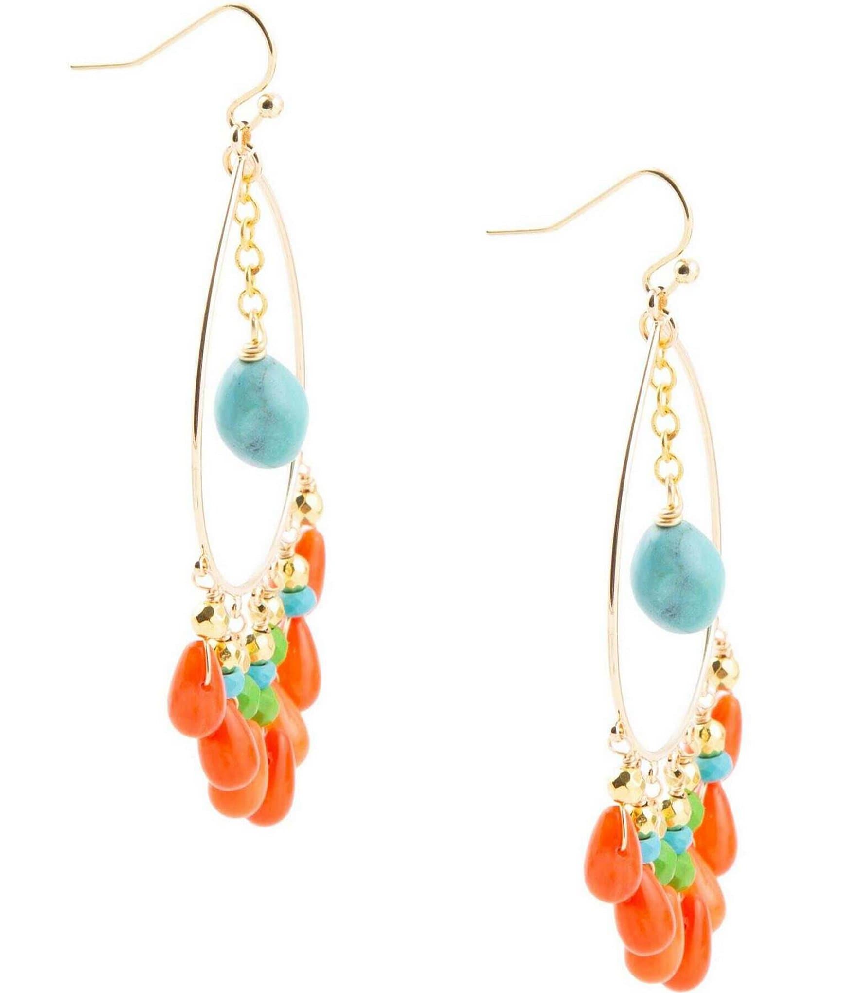 Barse Genuine Magnesite and Coral Stone Statement Chandelier Earrings