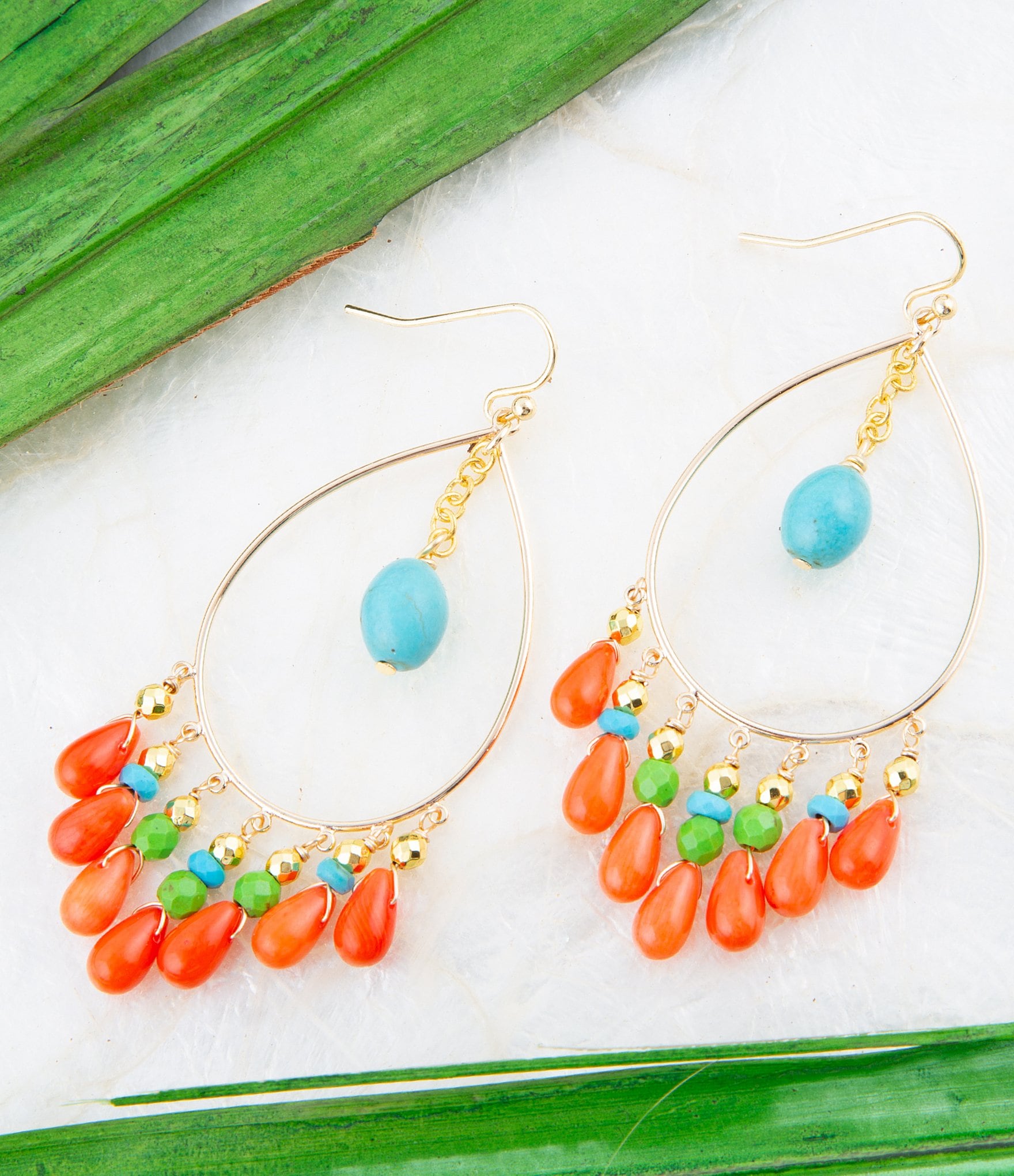 Barse Genuine Magnesite and Coral Stone Statement Chandelier Earrings