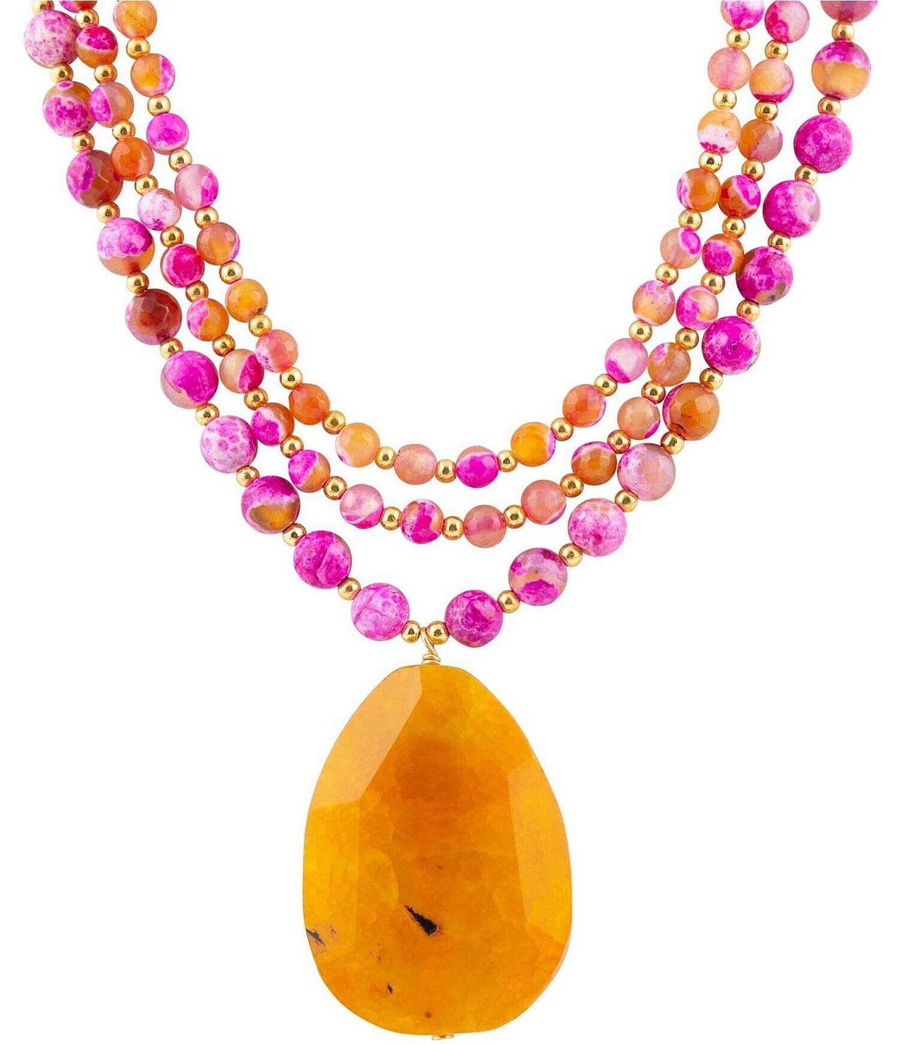 Barse Genuine Pink and Orange Agate Statement Necklace