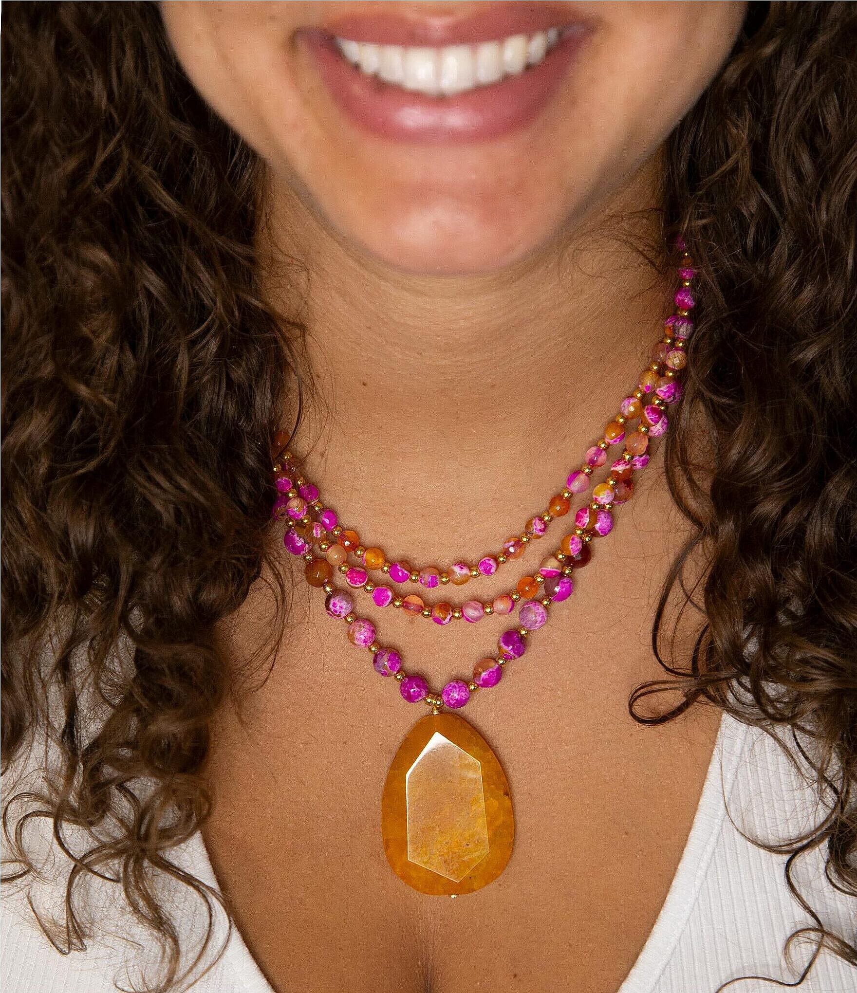 Barse Genuine Pink and Orange Agate Statement Necklace