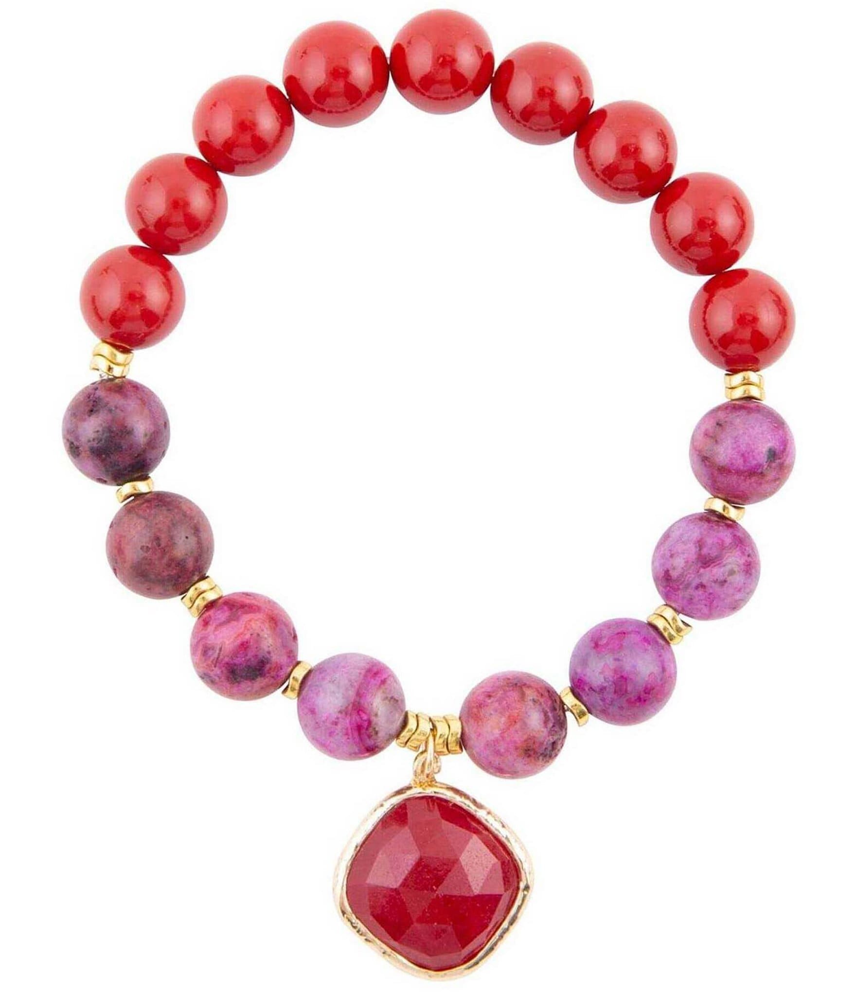 Barse Genuine Red Shell Pearl and Agate Stone Charm Stretch Bracelet