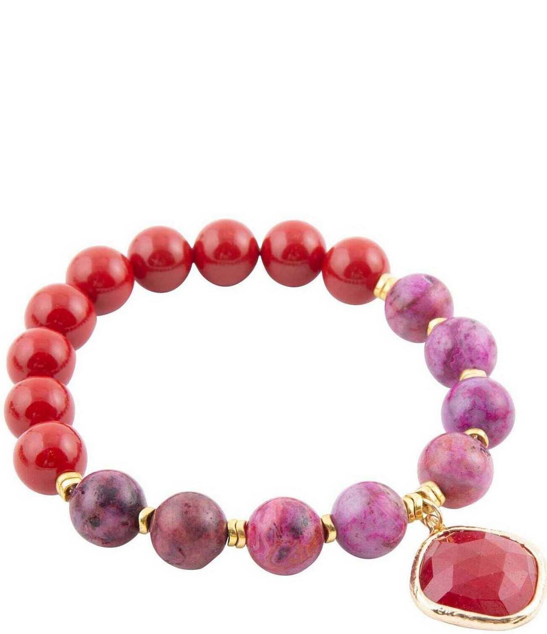 Barse Genuine Red Shell Pearl and Agate Stone Charm Stretch Bracelet