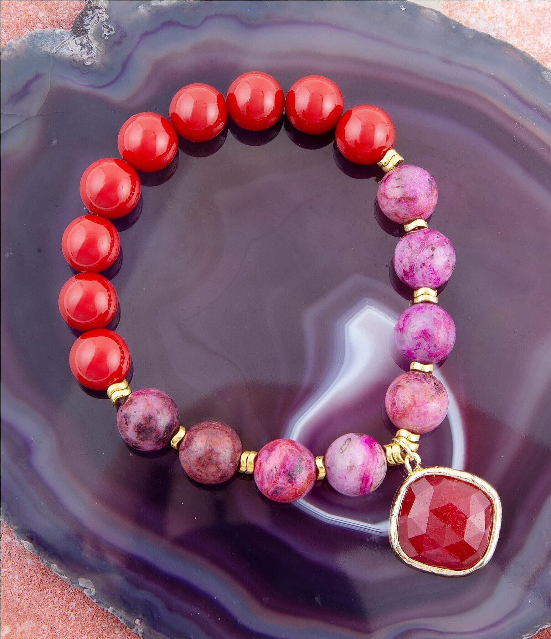 Barse Genuine Red Shell Pearl and Agate Stone Charm Stretch Bracelet