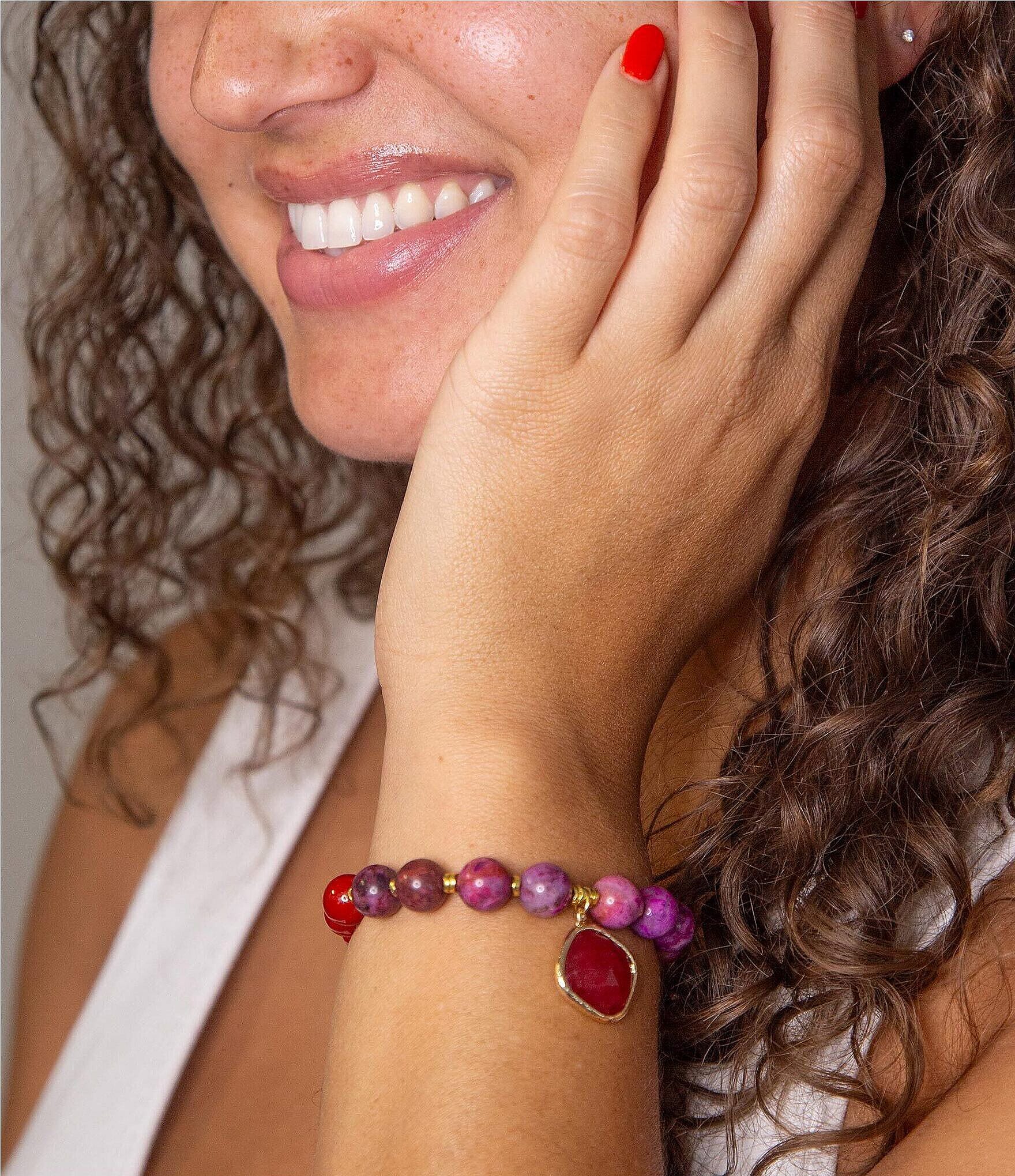 Barse Genuine Red Shell Pearl and Agate Stone Charm Stretch Bracelet