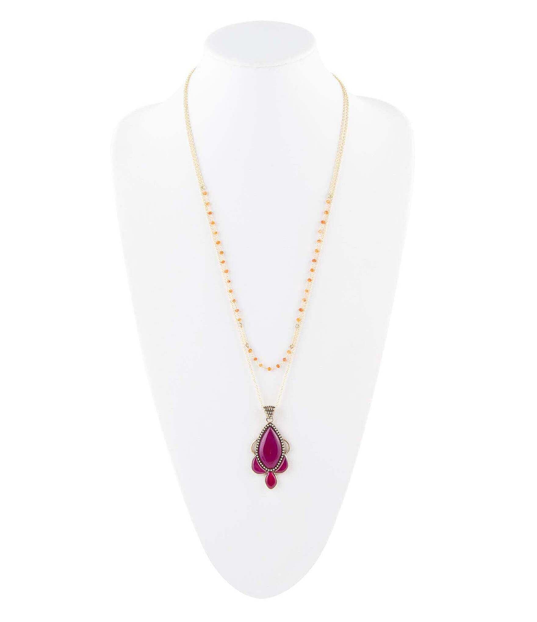 Barse Genuine Carnelian and Quartz Stone Long Drop Pendant Necklace