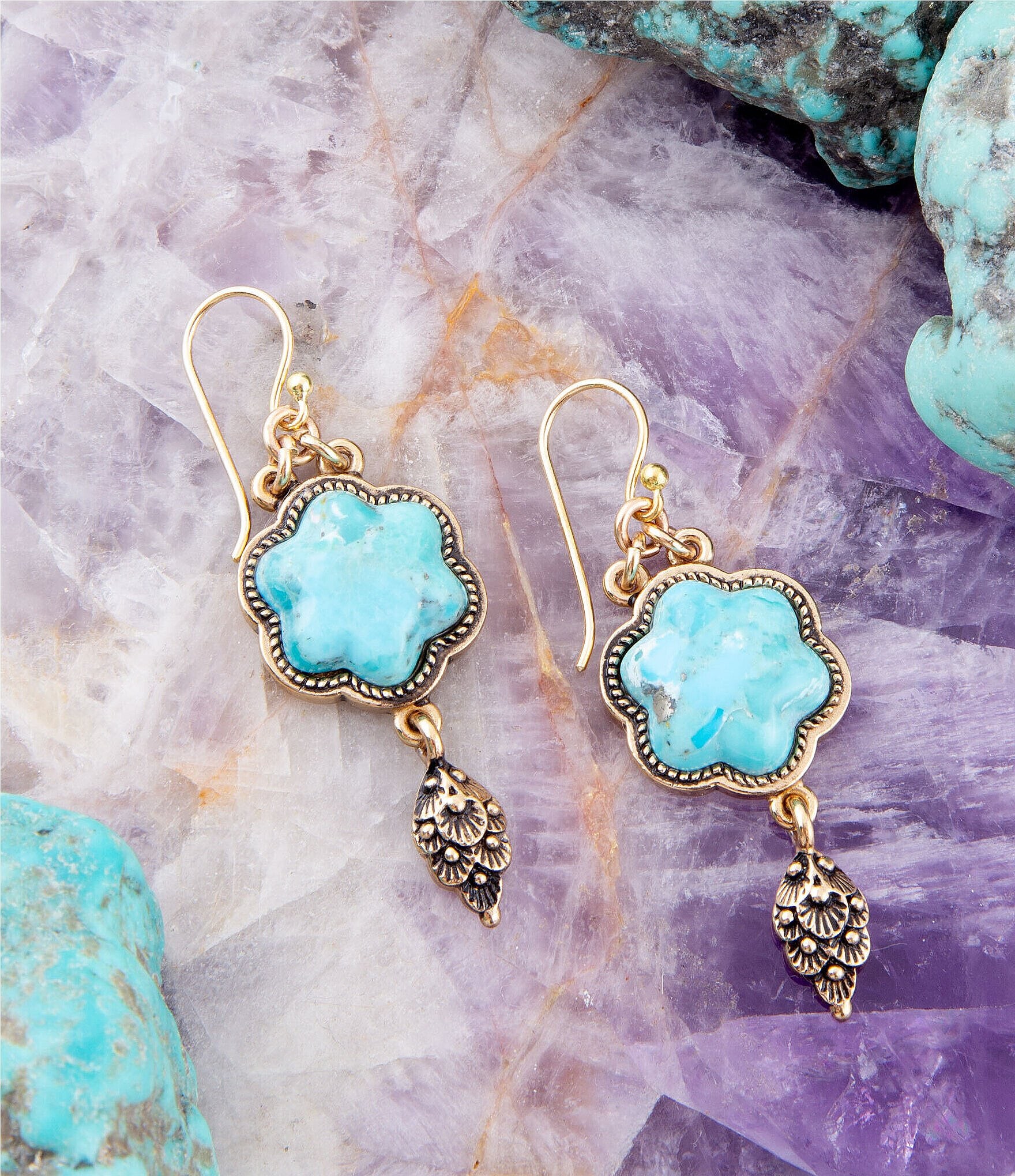 Barse Blue Turquoise Flower Golden Drop Earrings