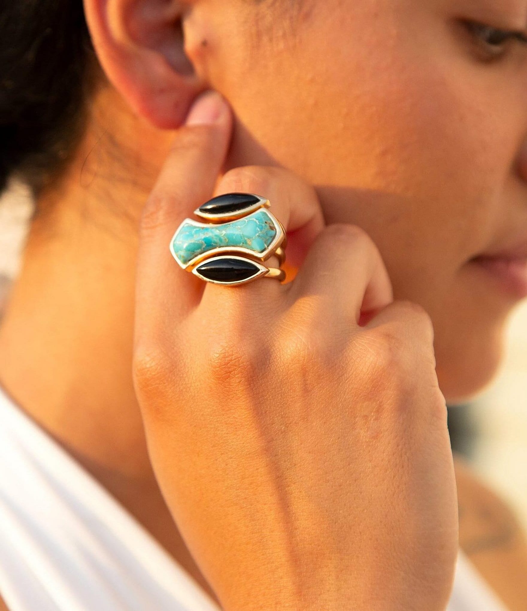 Barse Genuine Turquoise and Onyx Three Piece Stacked Ring