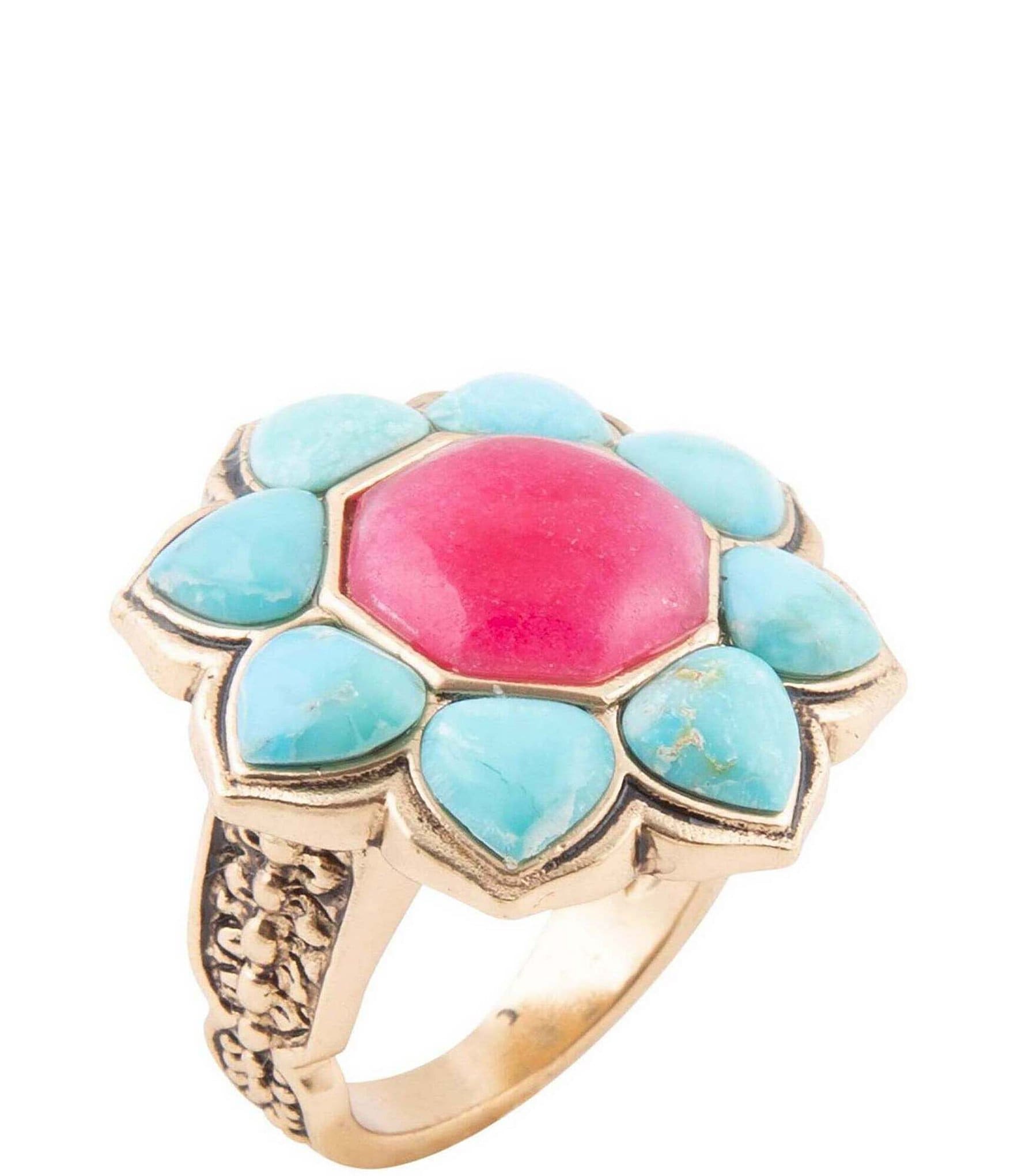 Barse Blue Turquoise and Red Quartz Flower Golden Ring