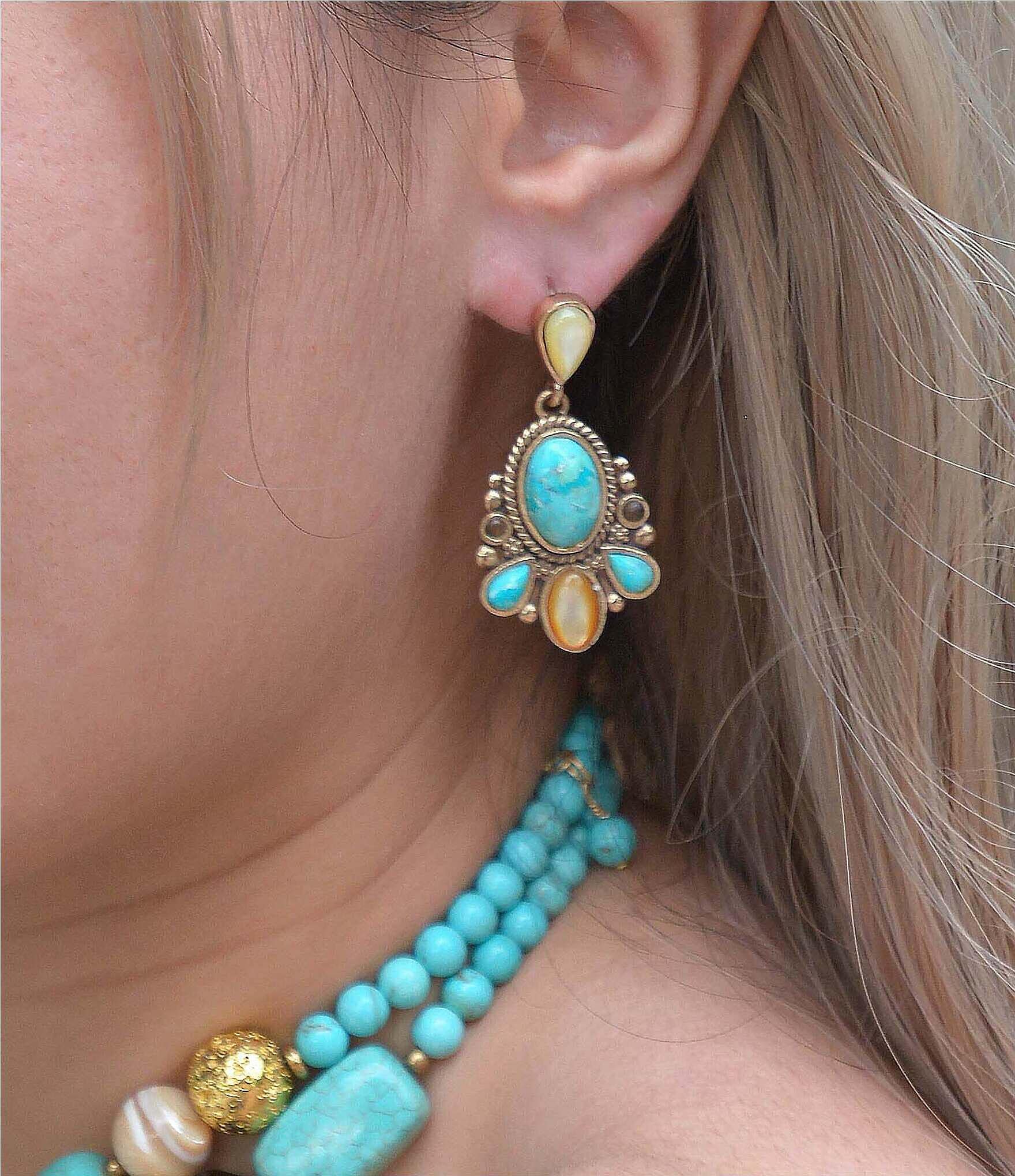 Barse Golden And Genuine Stone Barcelona Statement Drop Earrings