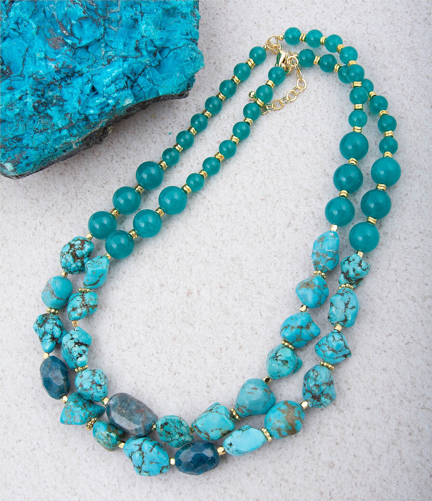 Barse Jade Apatite Turquoise Magnesite Short Multi Strand Necklace