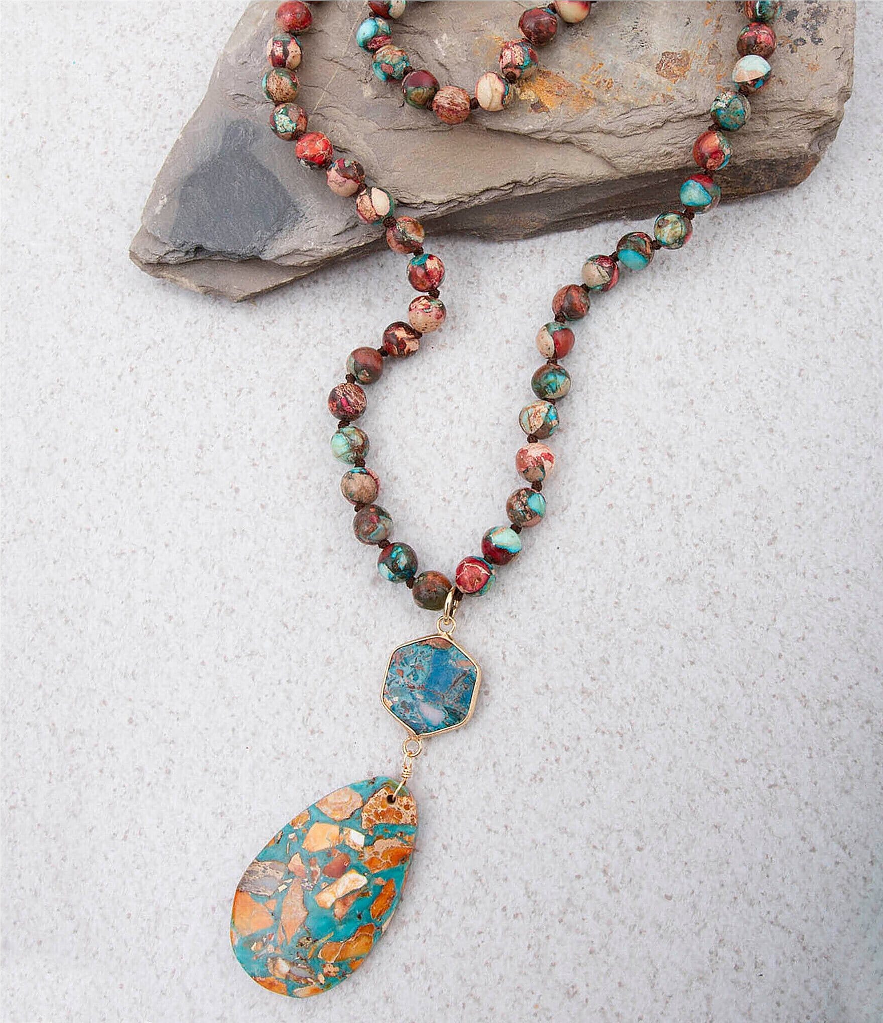 Barse Jasper Desert Bloom Long Statement Pendant Necklace