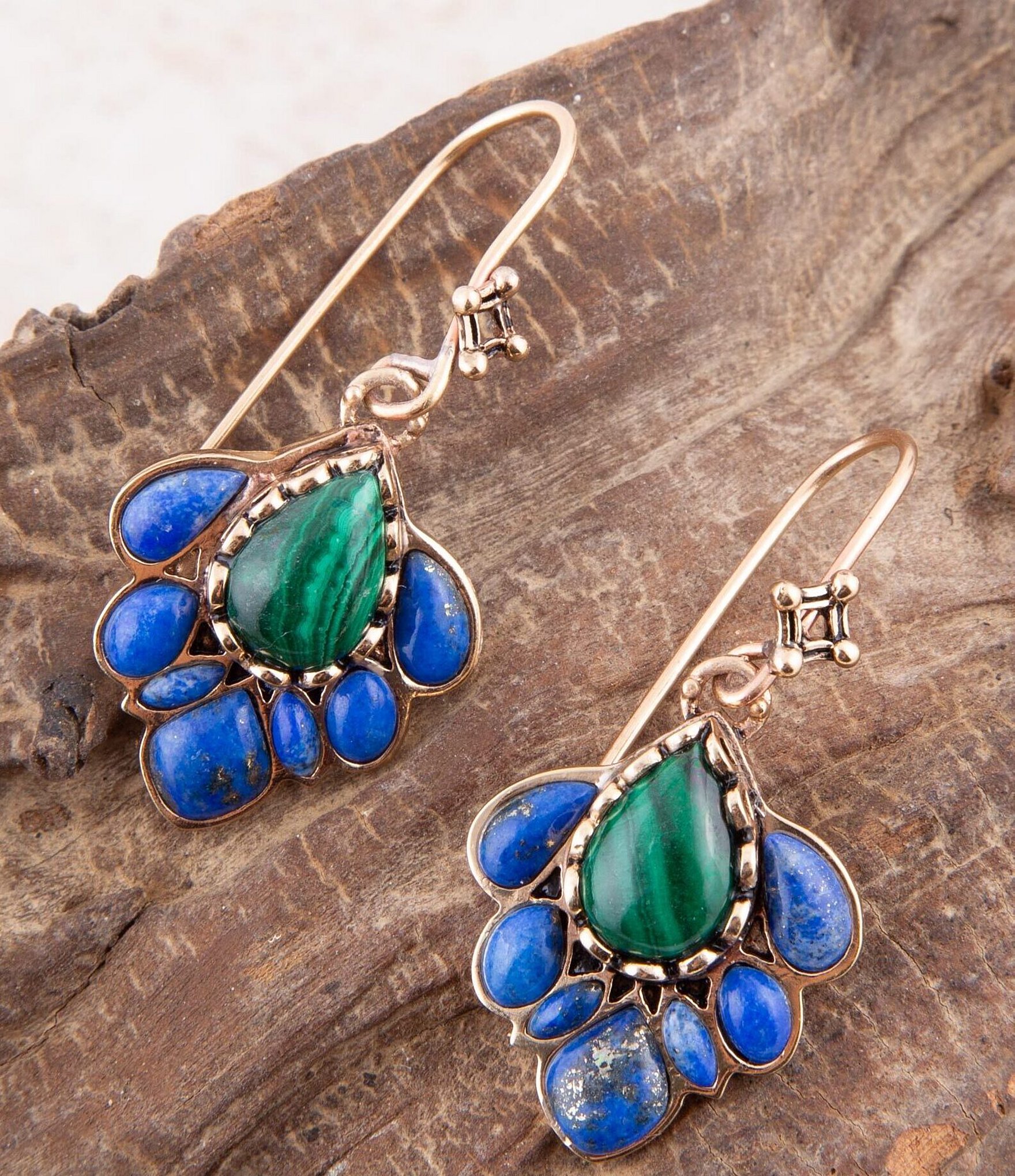 Barse Lapis and Malachite Statement Drop Earrings