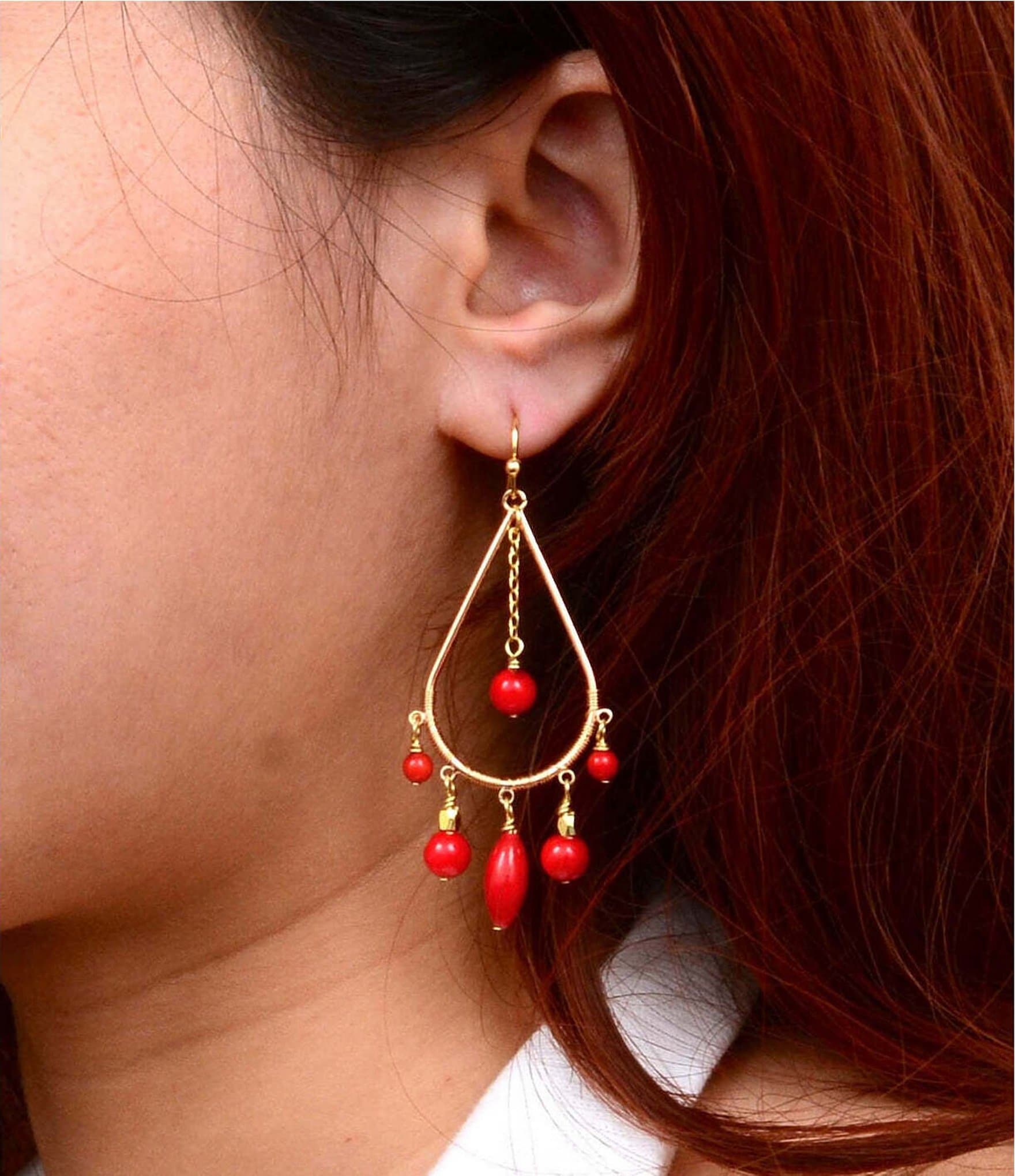 Barse Mashan Jade Gilded Flame Chandelier Earrings