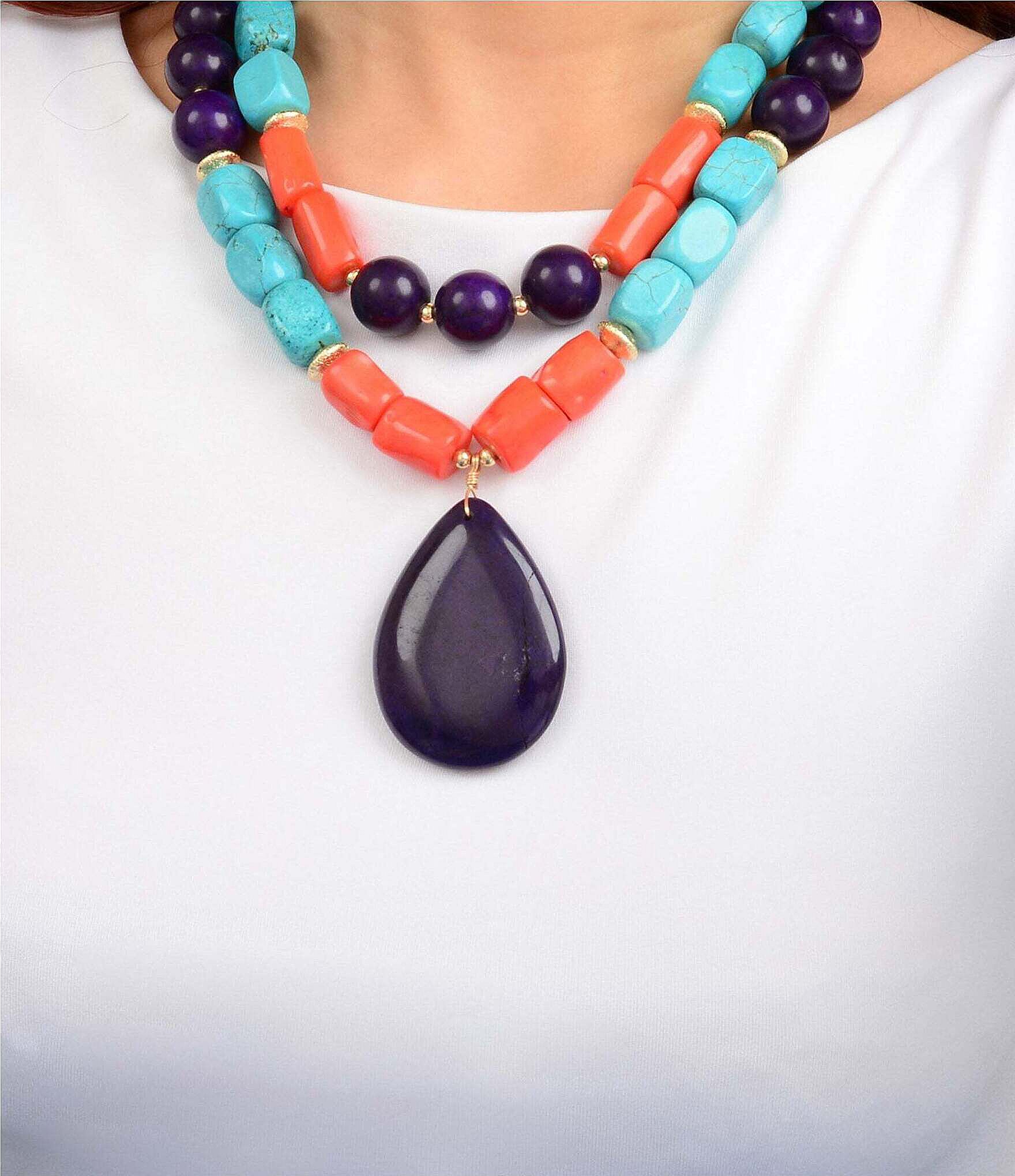 Barse Moroccan Spice Genuine Stone Beaded Stretch Statement Pendant Necklace