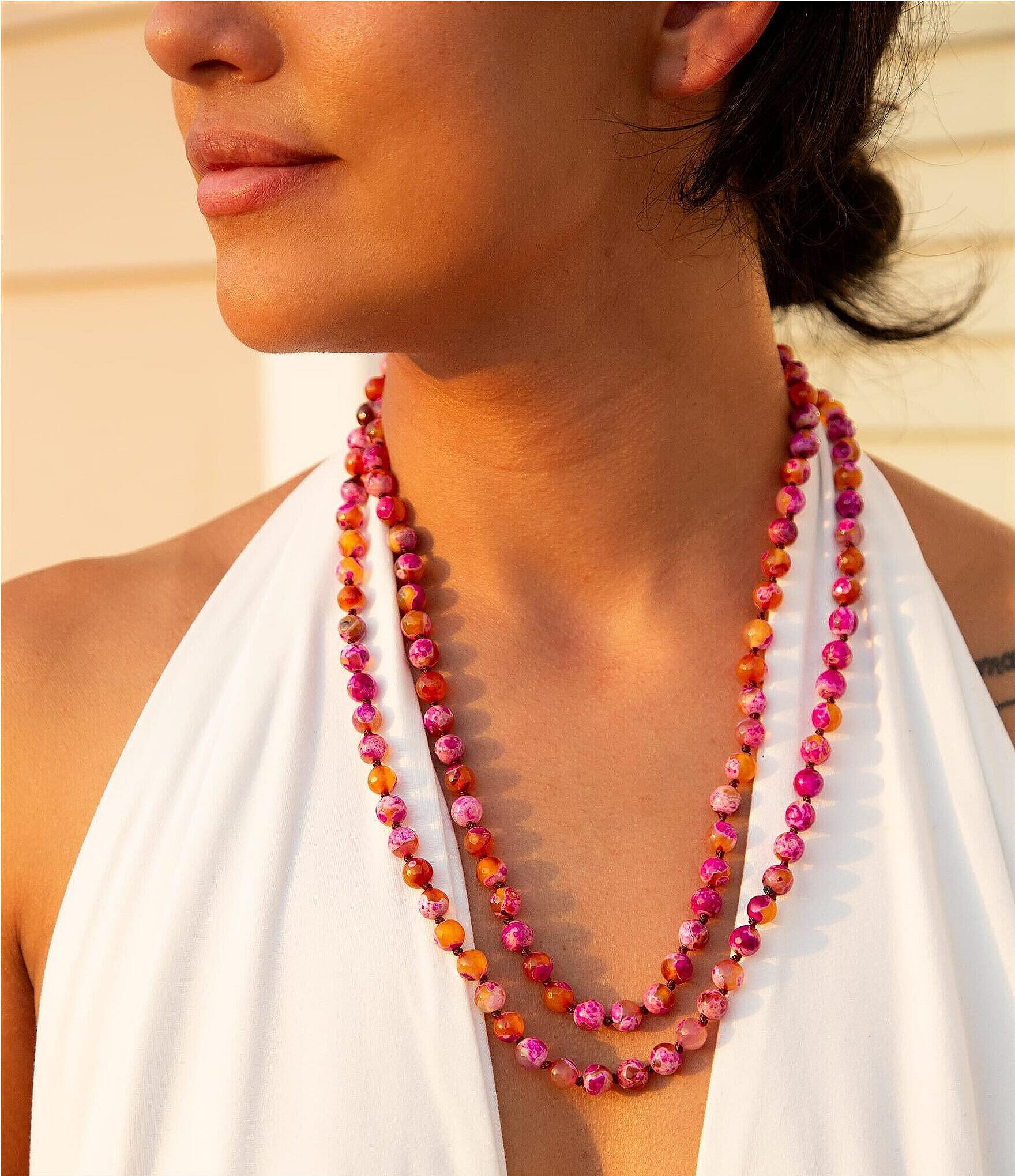 Barse Pink and Orange Genuine Agate Long Strand Necklace