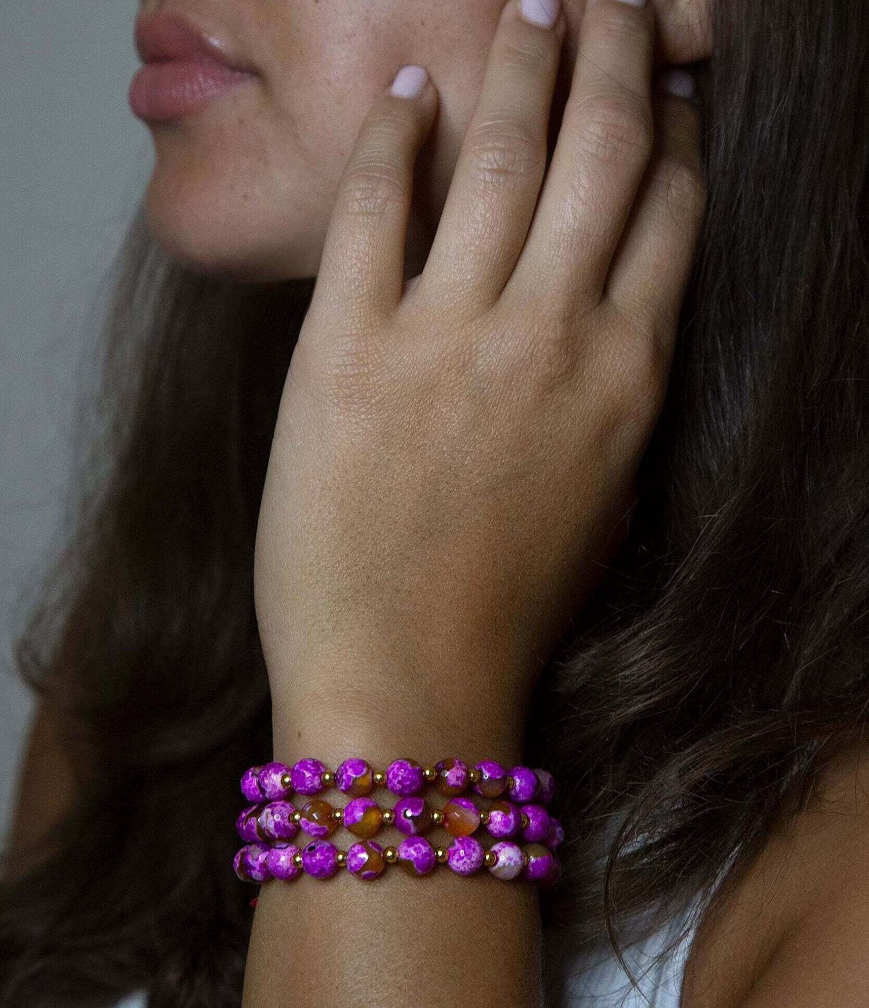 Barse Pink and Orange Genuine Agate Multi Three Row Stretch Bracelet