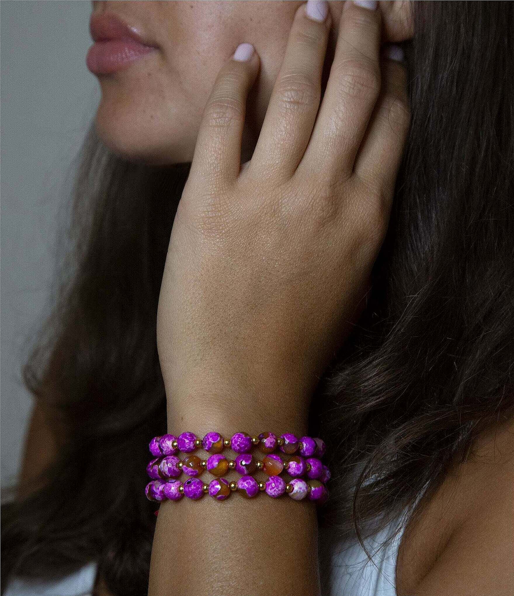 Barse Pink and Orange Genuine Agate Multi Three Row Stretch Bracelet