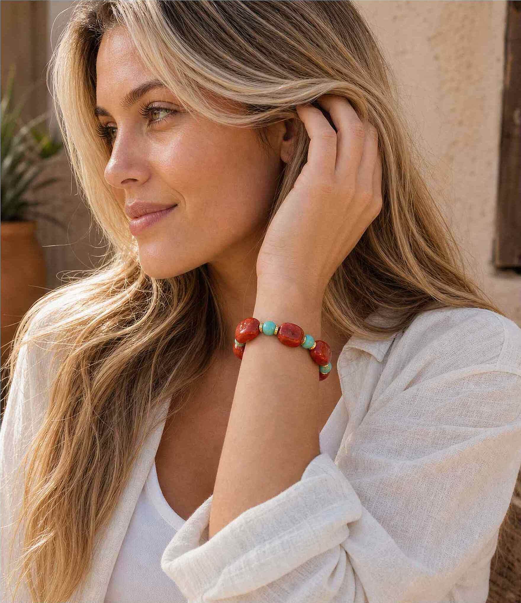 Barse Red Canyon Golden Jasper and Magnesite Chunky Stretch Bracelet