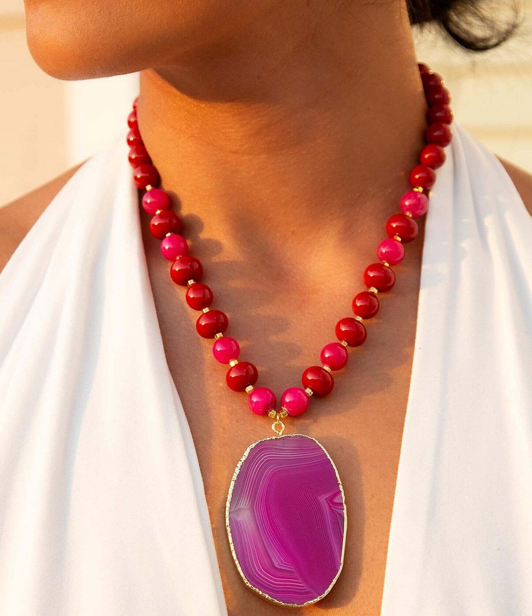 Barse Red Shell Pearl and Genuine Agate Statement Necklace