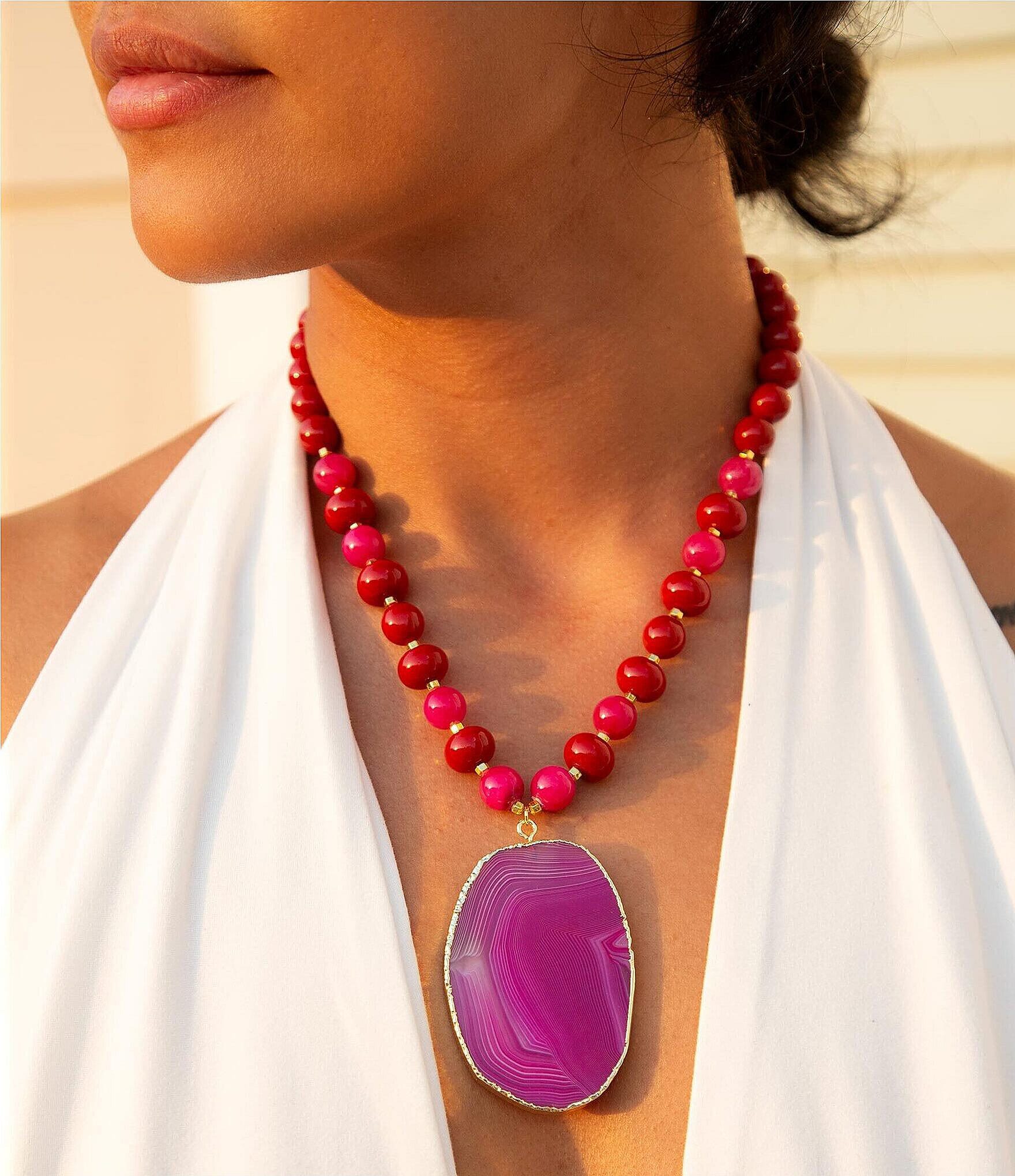 Barse Red Shell Pearl and Genuine Agate Statement Necklace