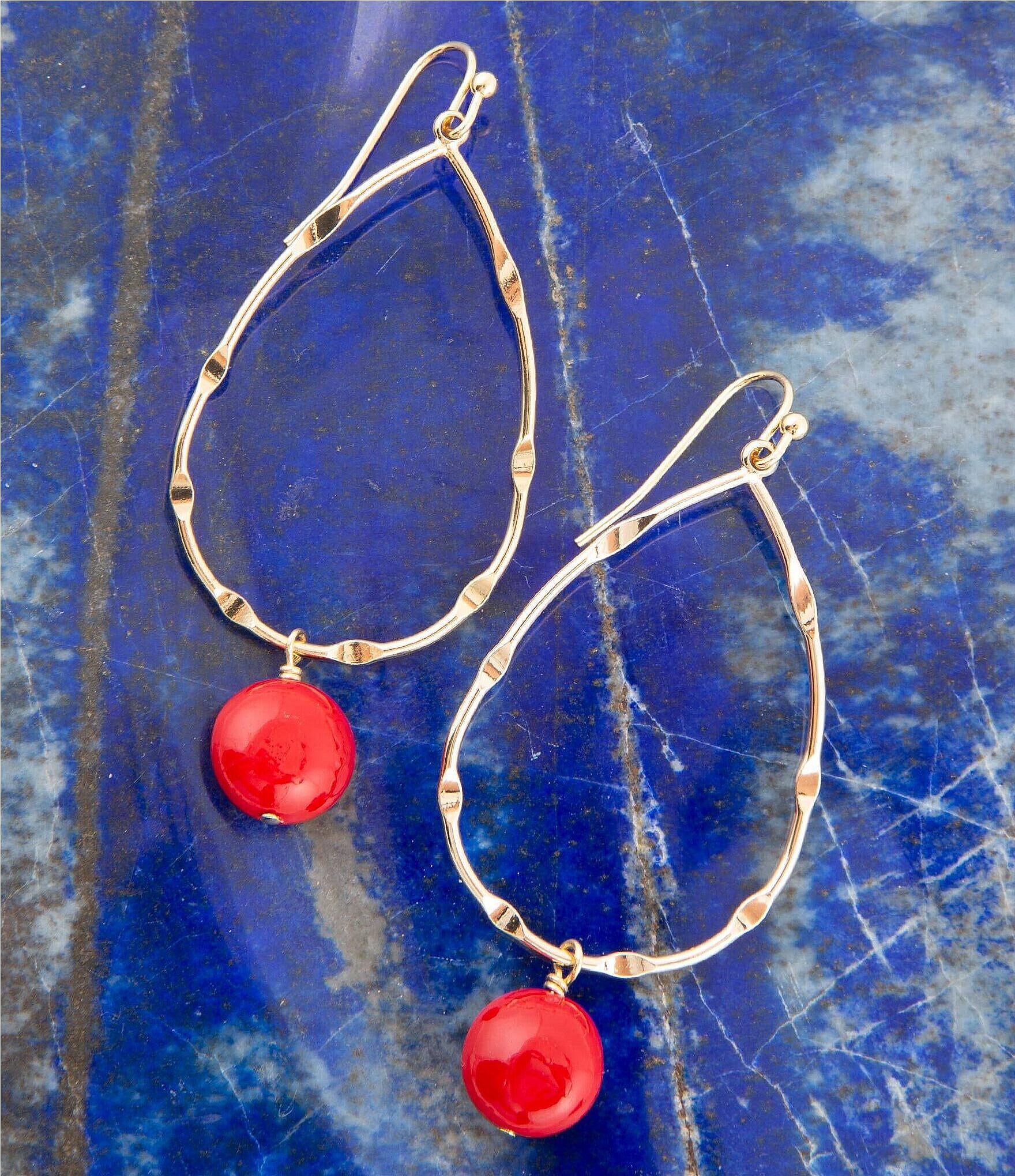 Barse Red Shell Pearl Teardrop Drop Earrings