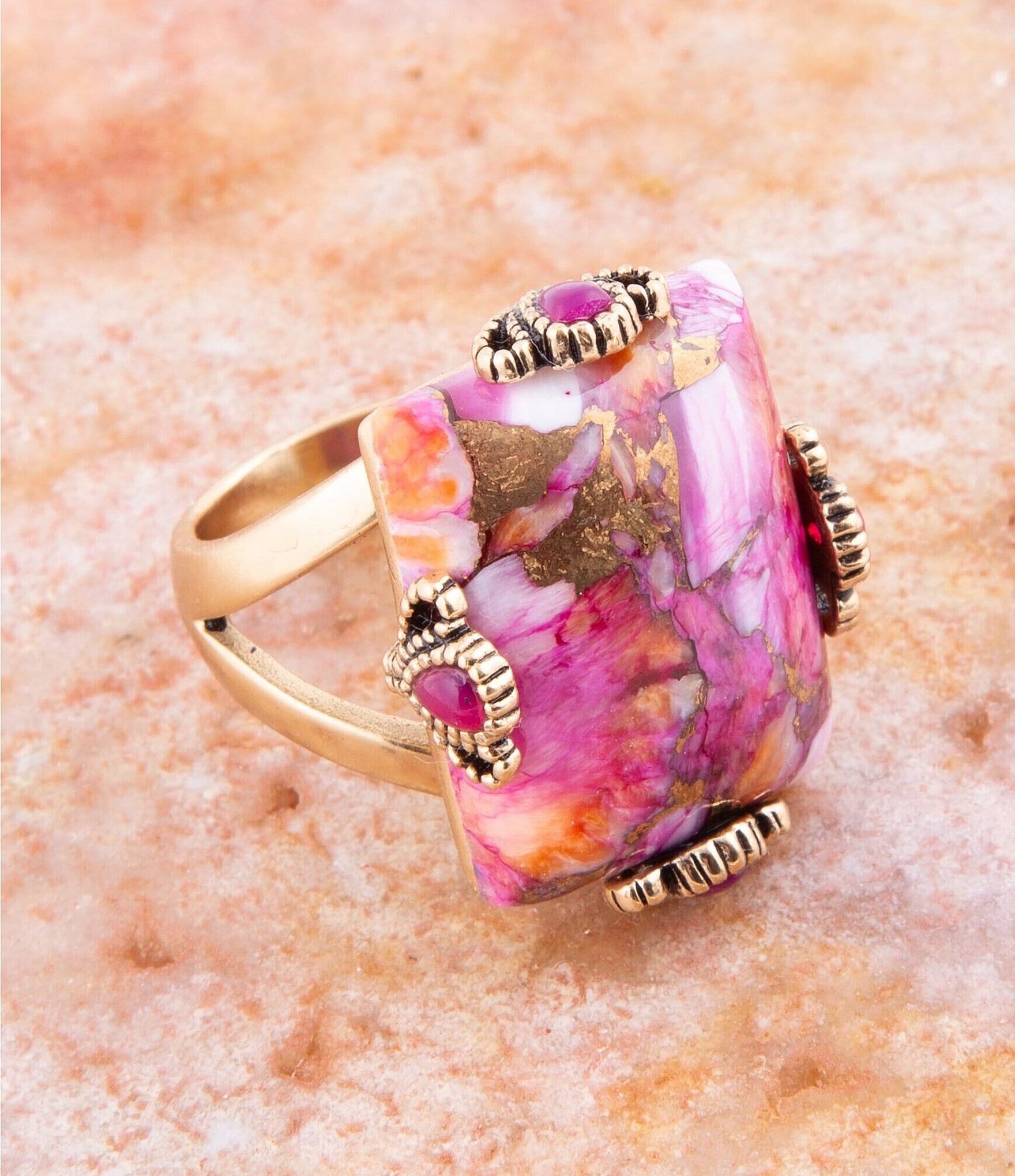 Barse Spiny Oyster Matrix and Fuchsia Agate Bronze Statement Ring