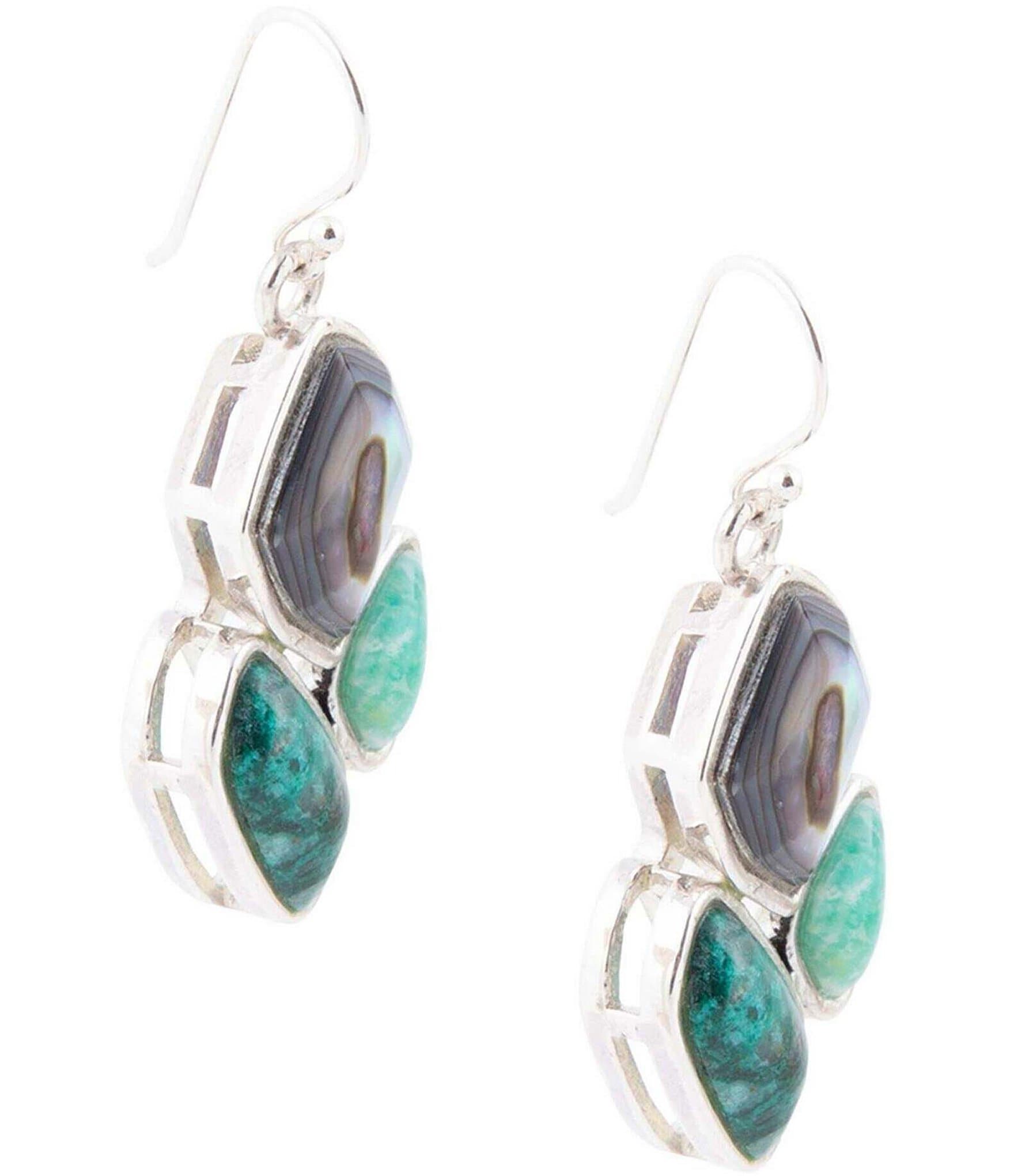 Barse Sterling Silver, Abalone and Chrysocolla Genuine Stone Drop Earrings