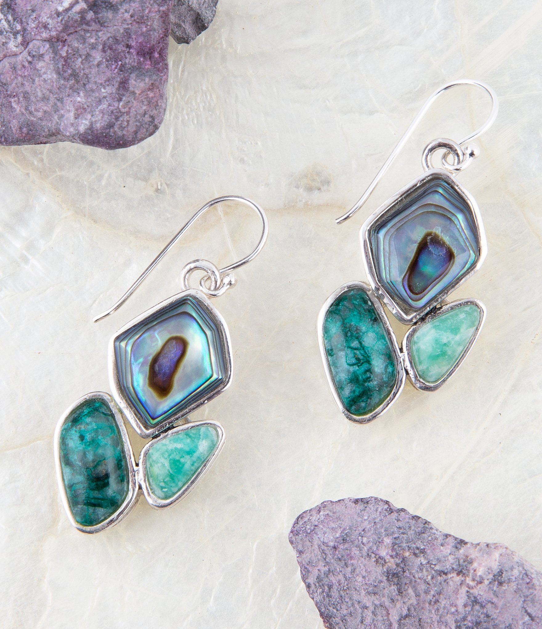 Barse Sterling Silver, Abalone and Chrysocolla Genuine Stone Drop Earrings