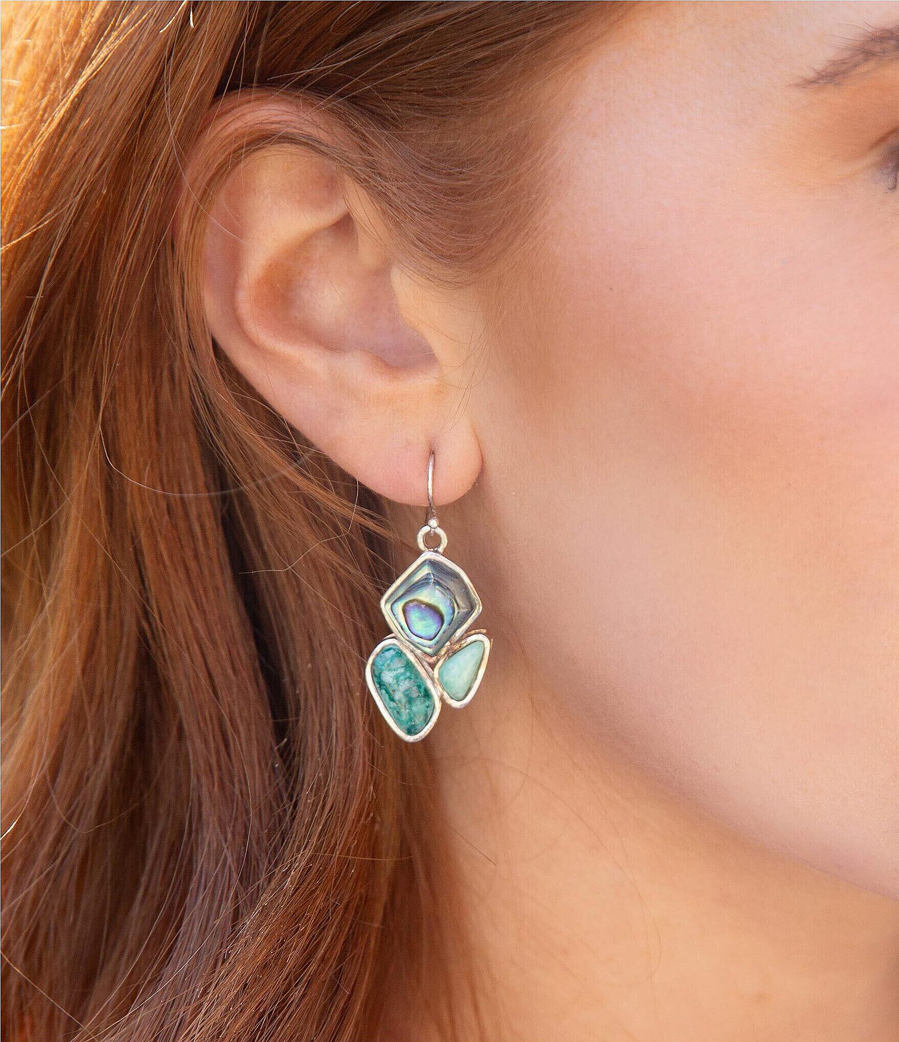 Barse Sterling Silver, Abalone and Chrysocolla Genuine Stone Drop Earrings