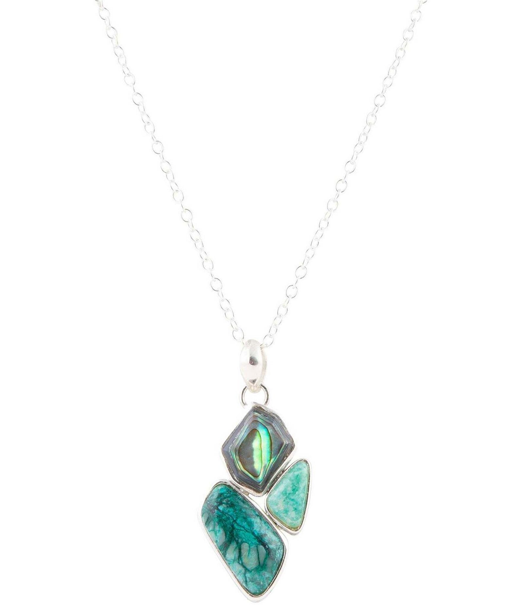 Barse Sterling Silver, Abalone and Chrysocolla Genuine Stone Short Pendant Necklace