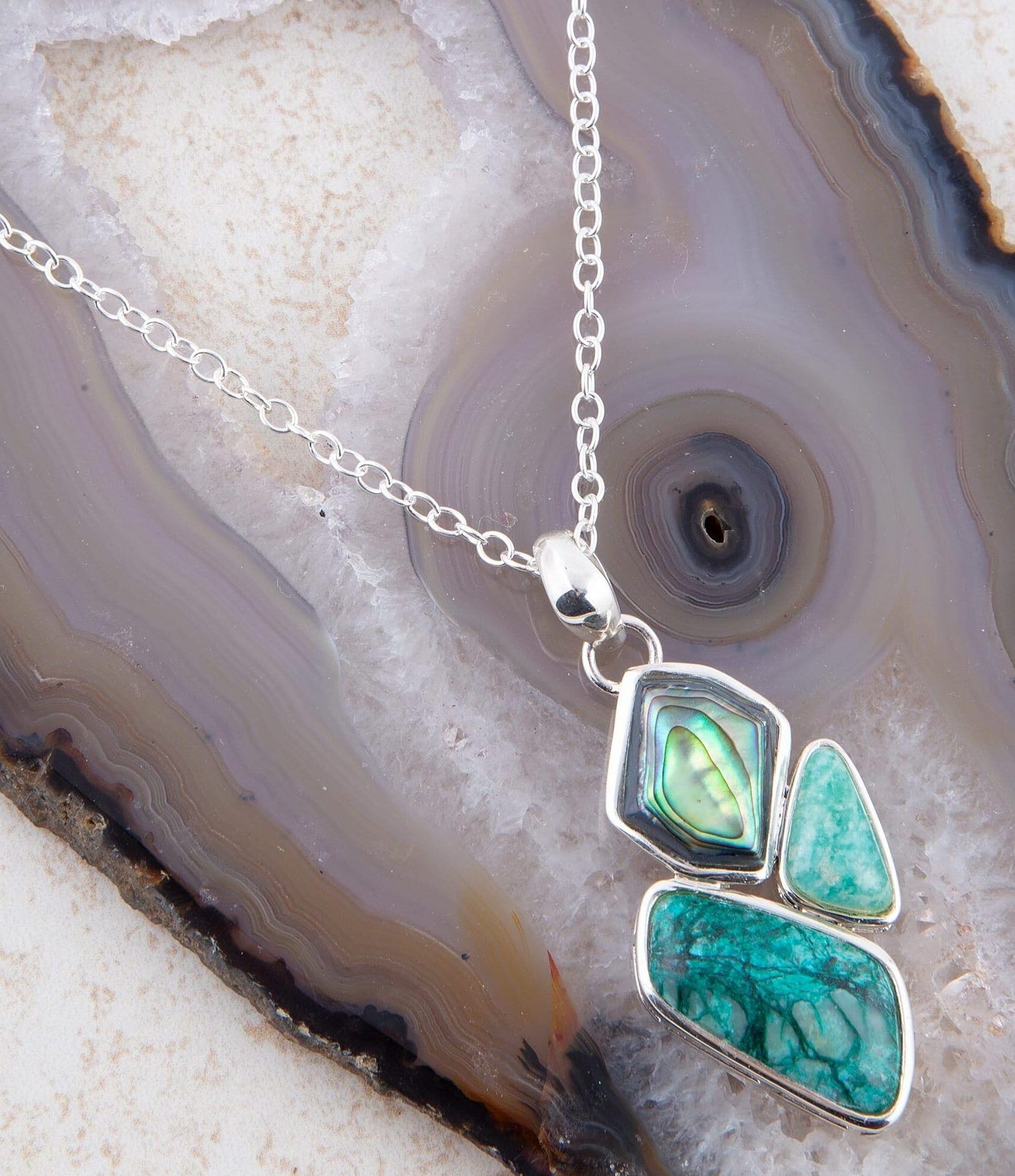 Barse Sterling Silver, Abalone and Chrysocolla Genuine Stone Short Pendant Necklace