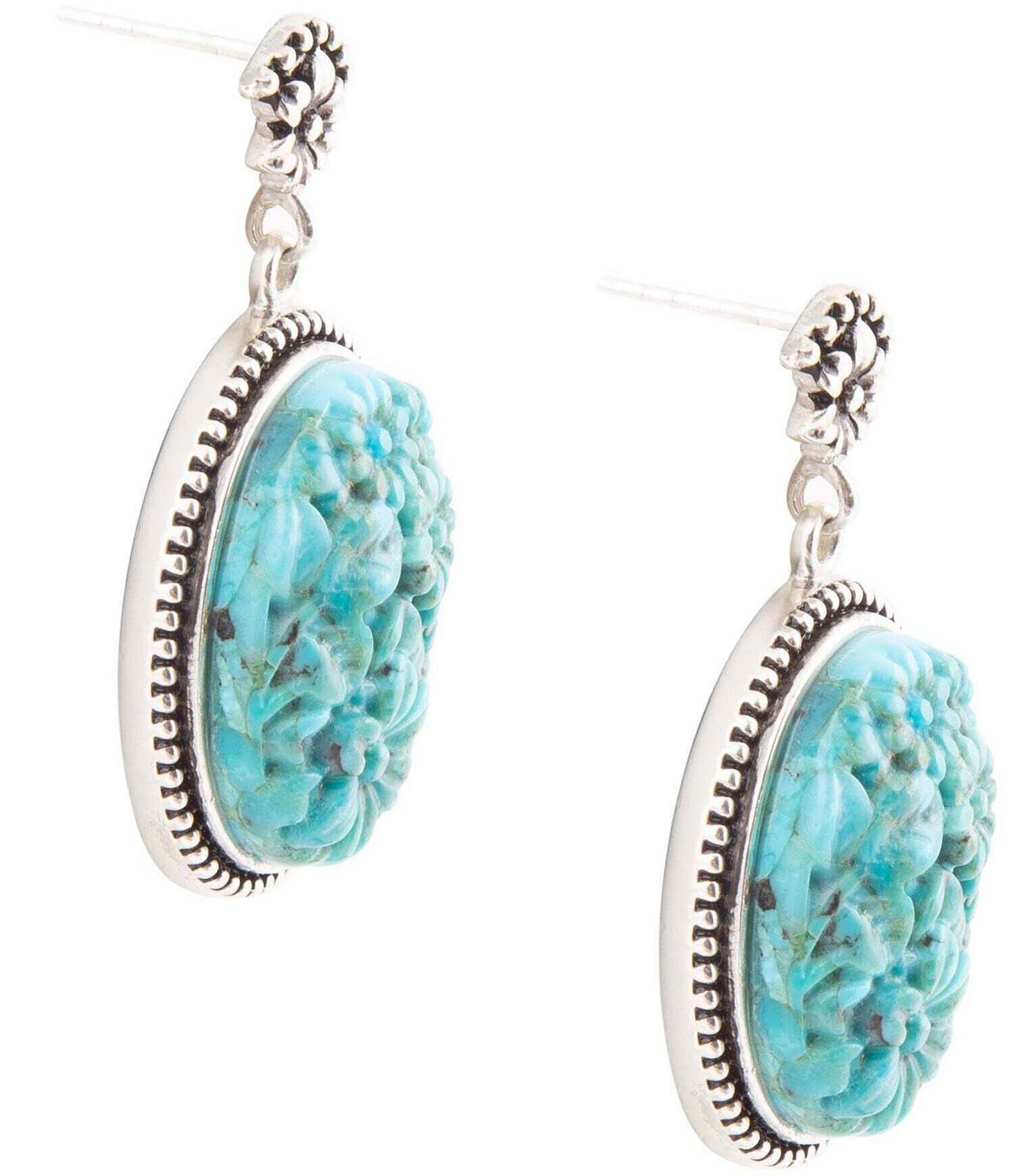 Barse Sterling Silver and Carved Floral Genuine Turquoise Drop Earrings