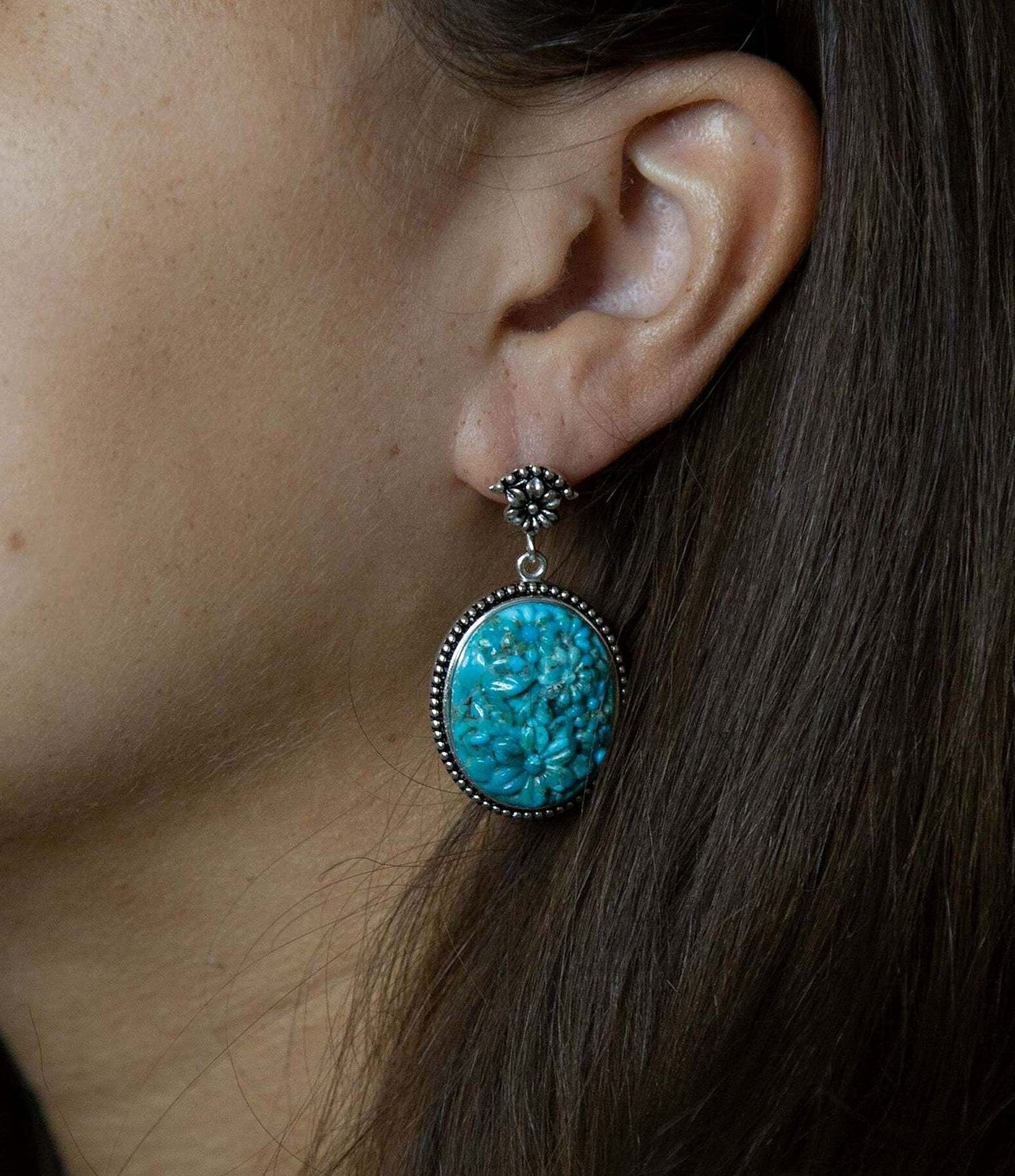 Barse Sterling Silver and Carved Floral Genuine Turquoise Drop Earrings