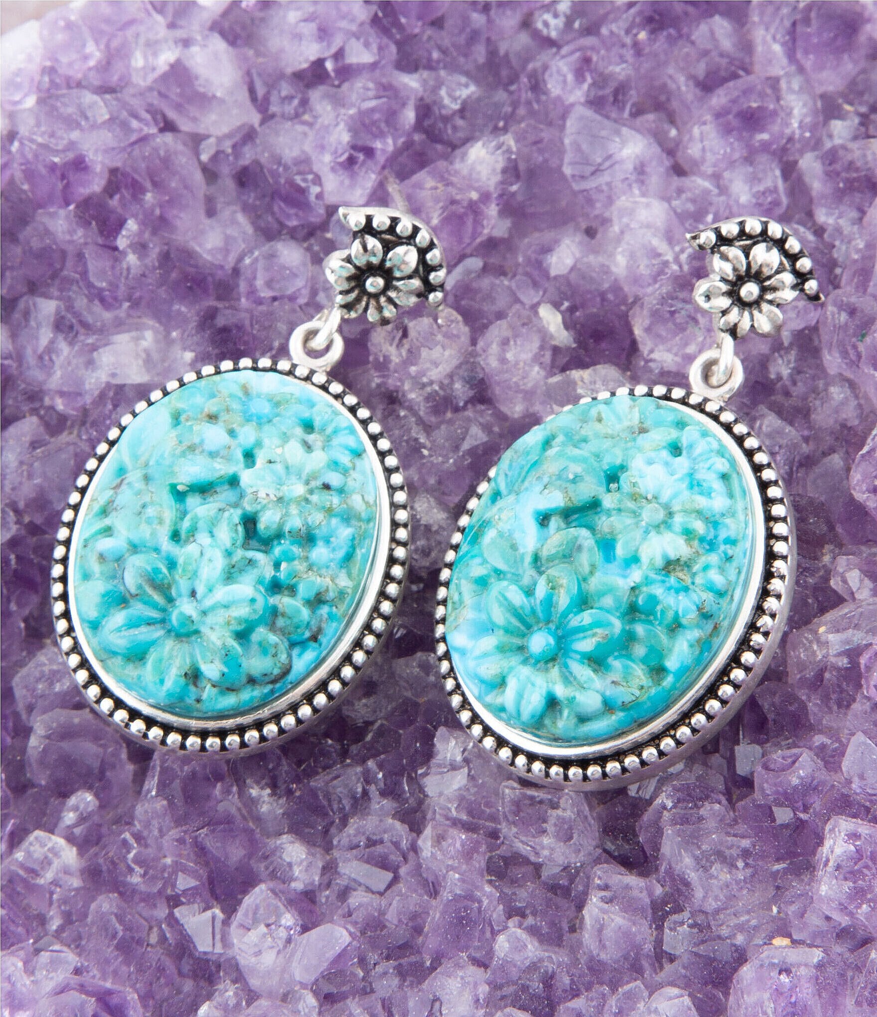 Barse Sterling Silver and Carved Floral Genuine Turquoise Drop Earrings