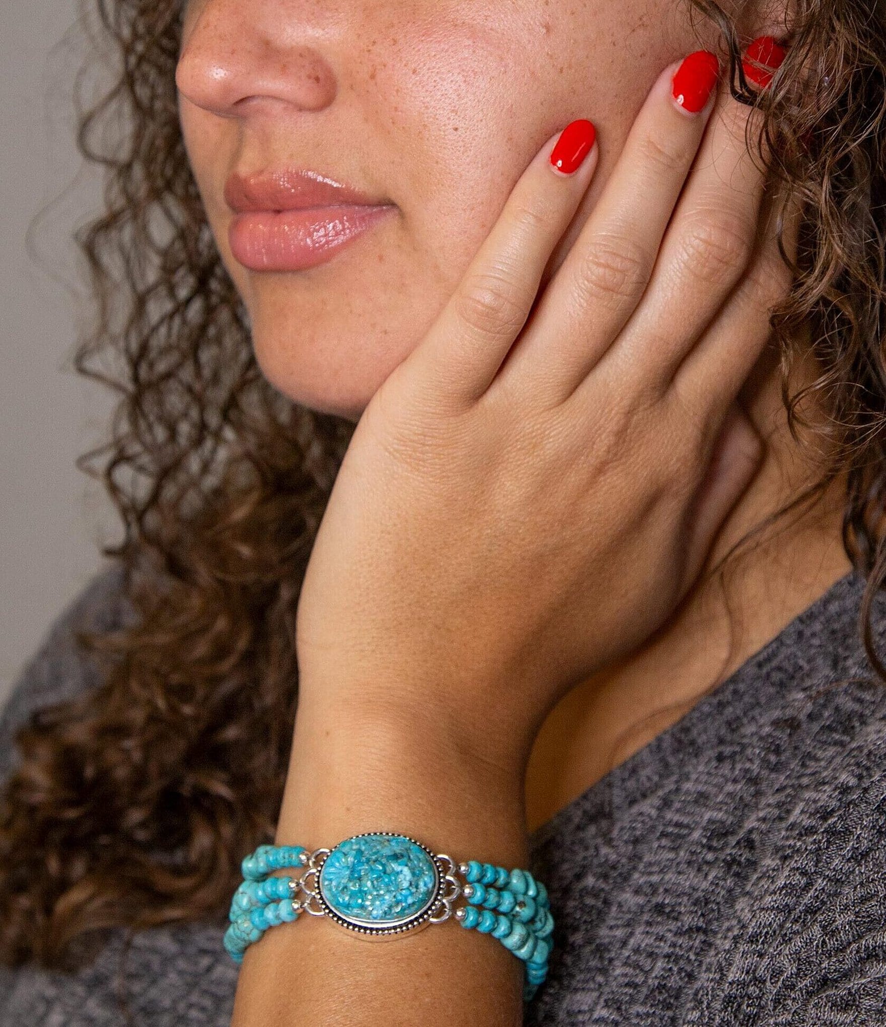 Barse Sterling Silver and Carved Floral Genuine Turquoise Line Bracelet