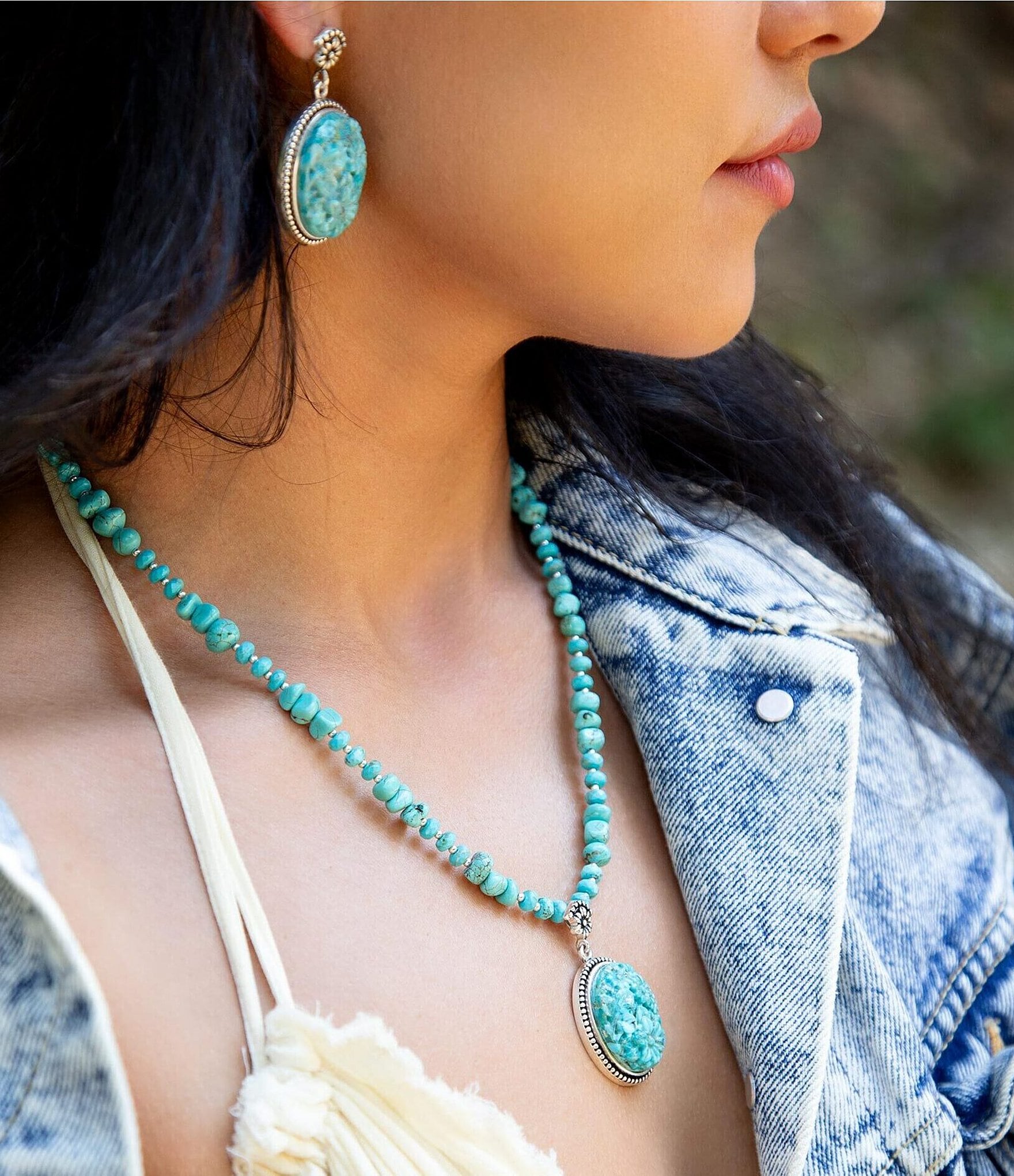 Barse Sterling Silver and Carved Floral Genuine Turquoise Short Pendant Necklace