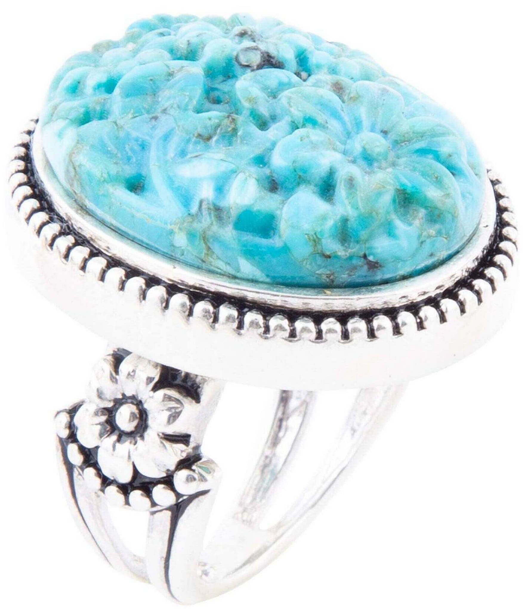 Barse Sterling Silver and Carved Floral Turquoise Statement Ring