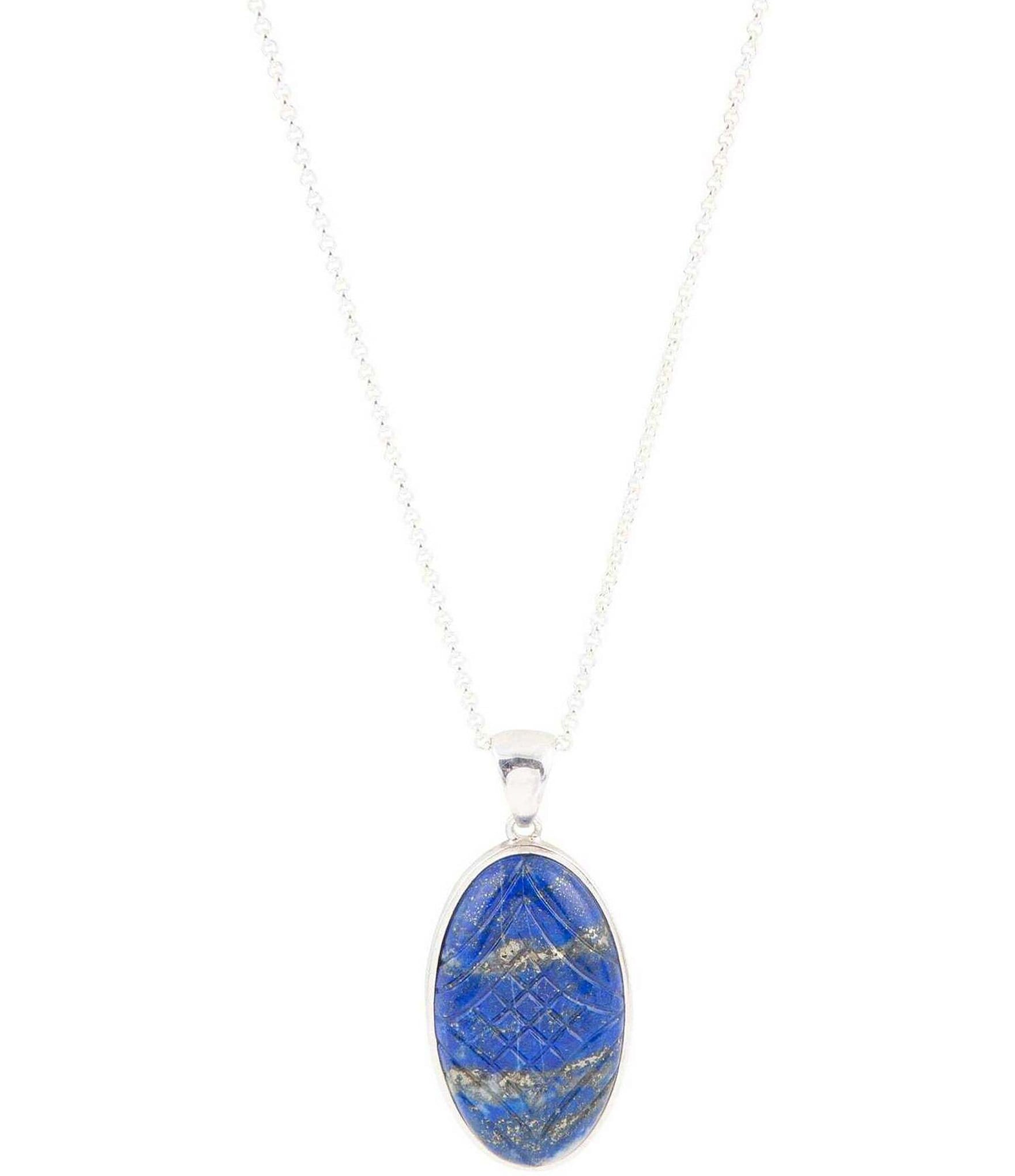 Barse Sterling Silver and Etched Genuine Lapis Short Pendant Necklace