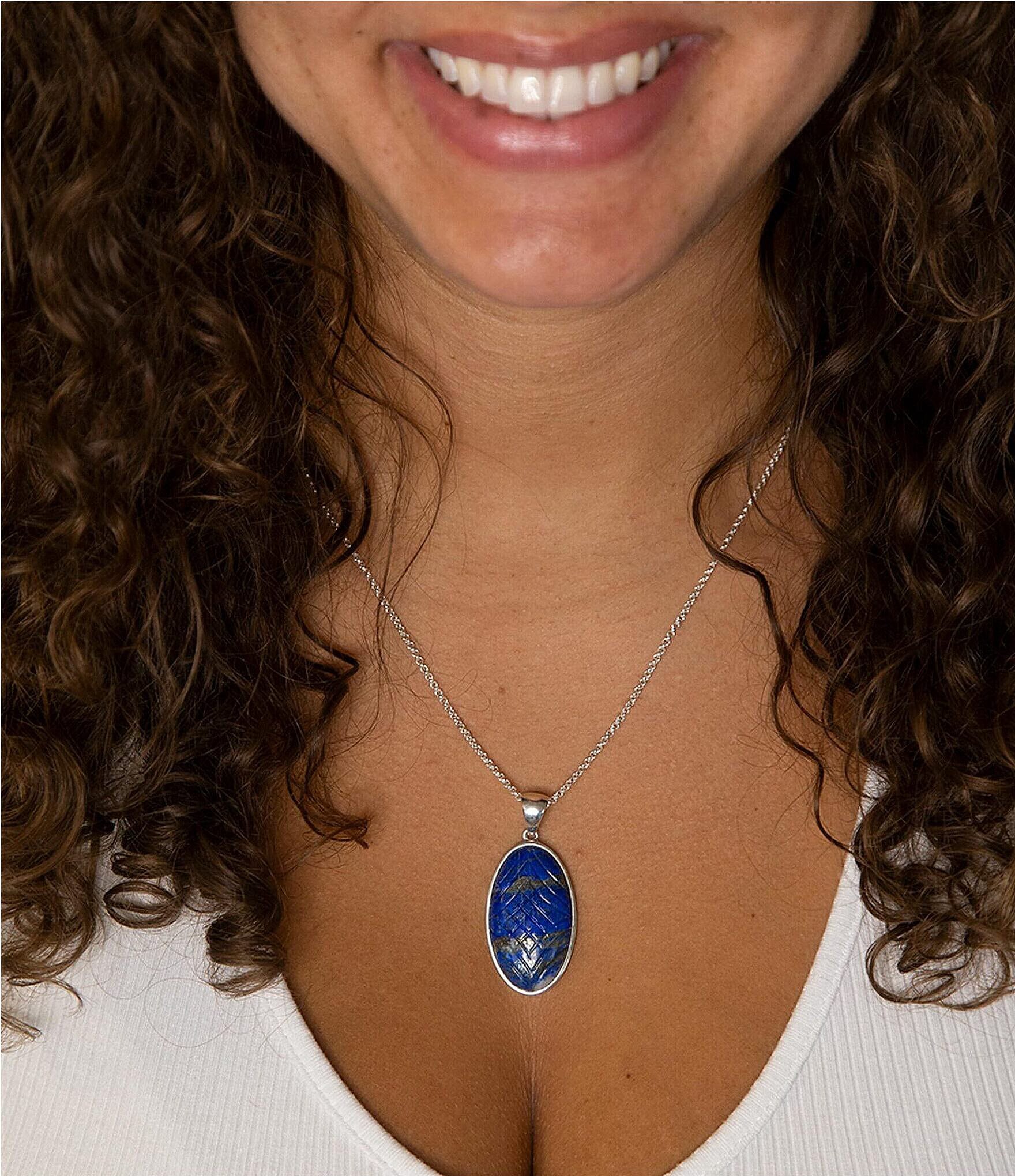 Barse Sterling Silver and Etched Genuine Lapis Short Pendant Necklace