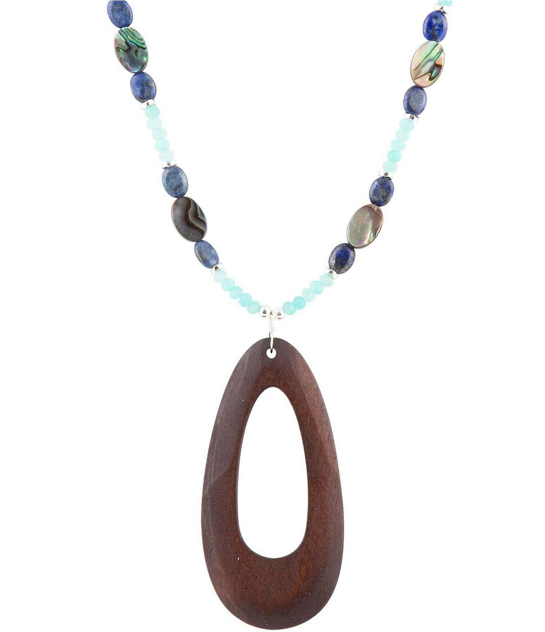 Barse Sterling Silver and Genuine Amazonite and Abalone Stone Long Pendant Necklace