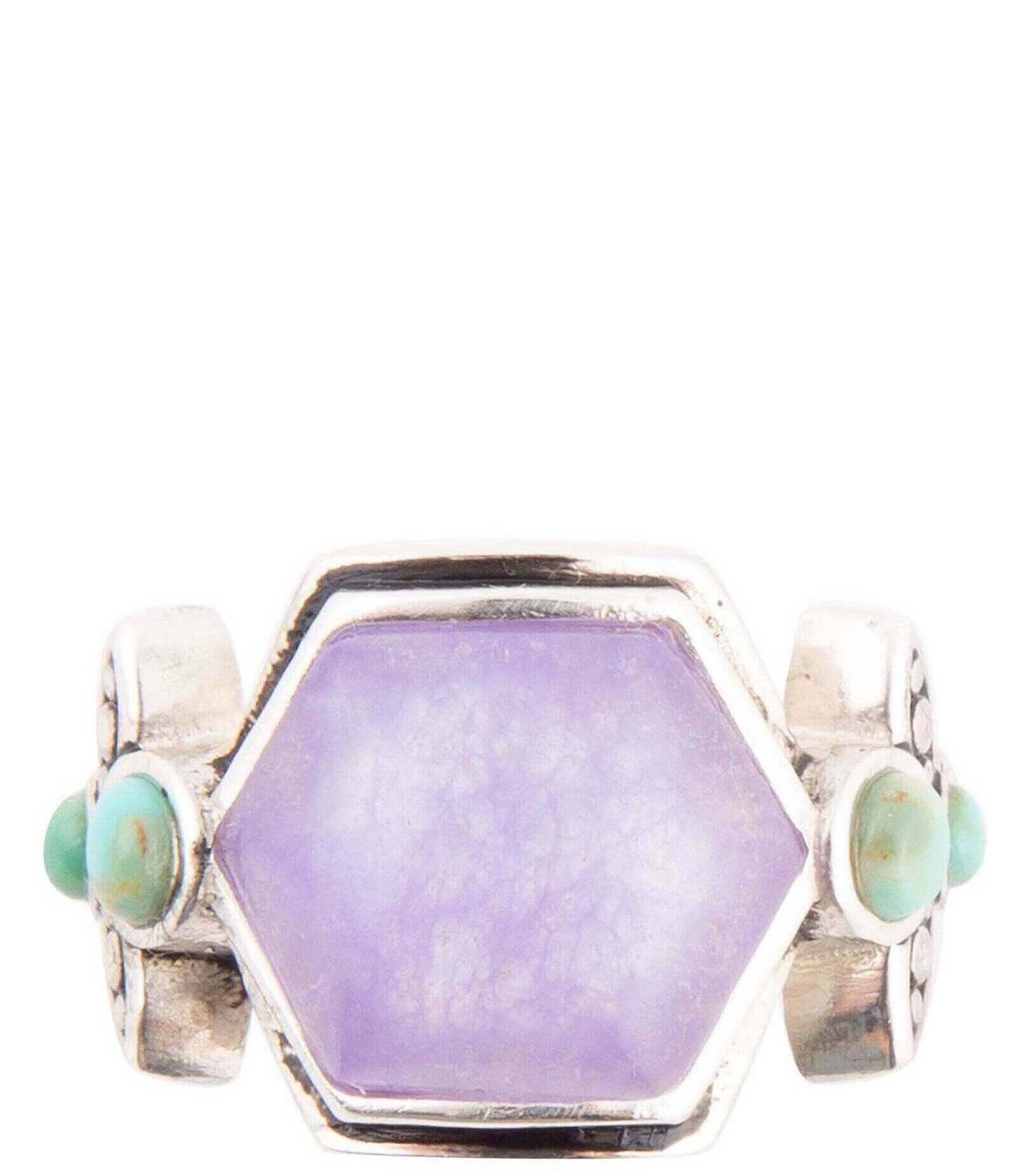 Barse Sterling Silver and Genuine Purple Quartz & Turquoise Stone Southwest Floral Band Ring