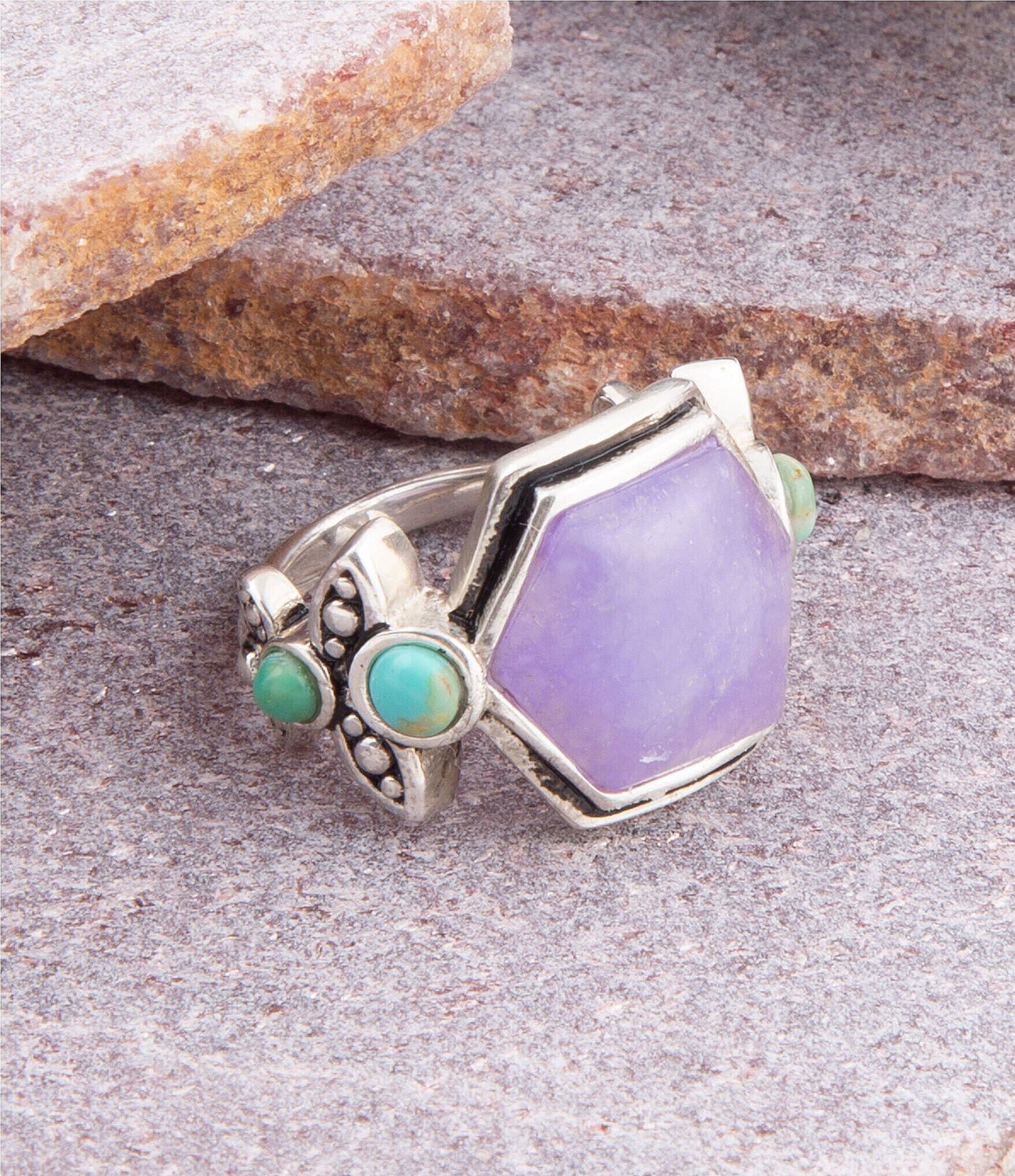 Barse Sterling Silver and Genuine Purple Quartz & Turquoise Stone Southwest Floral Band Ring