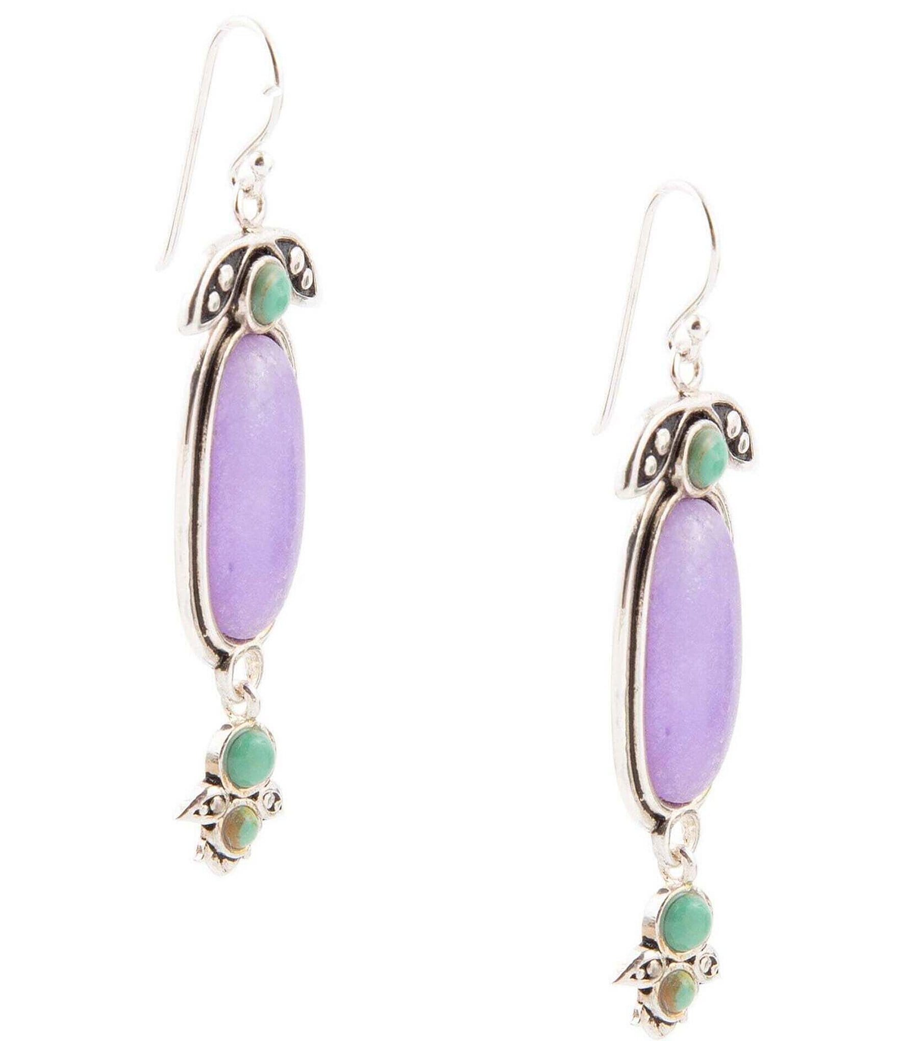 Barse Sterling Silver and Genuine Purple Quartz & Turquoise Stone Southwest Floral Drop Earrings