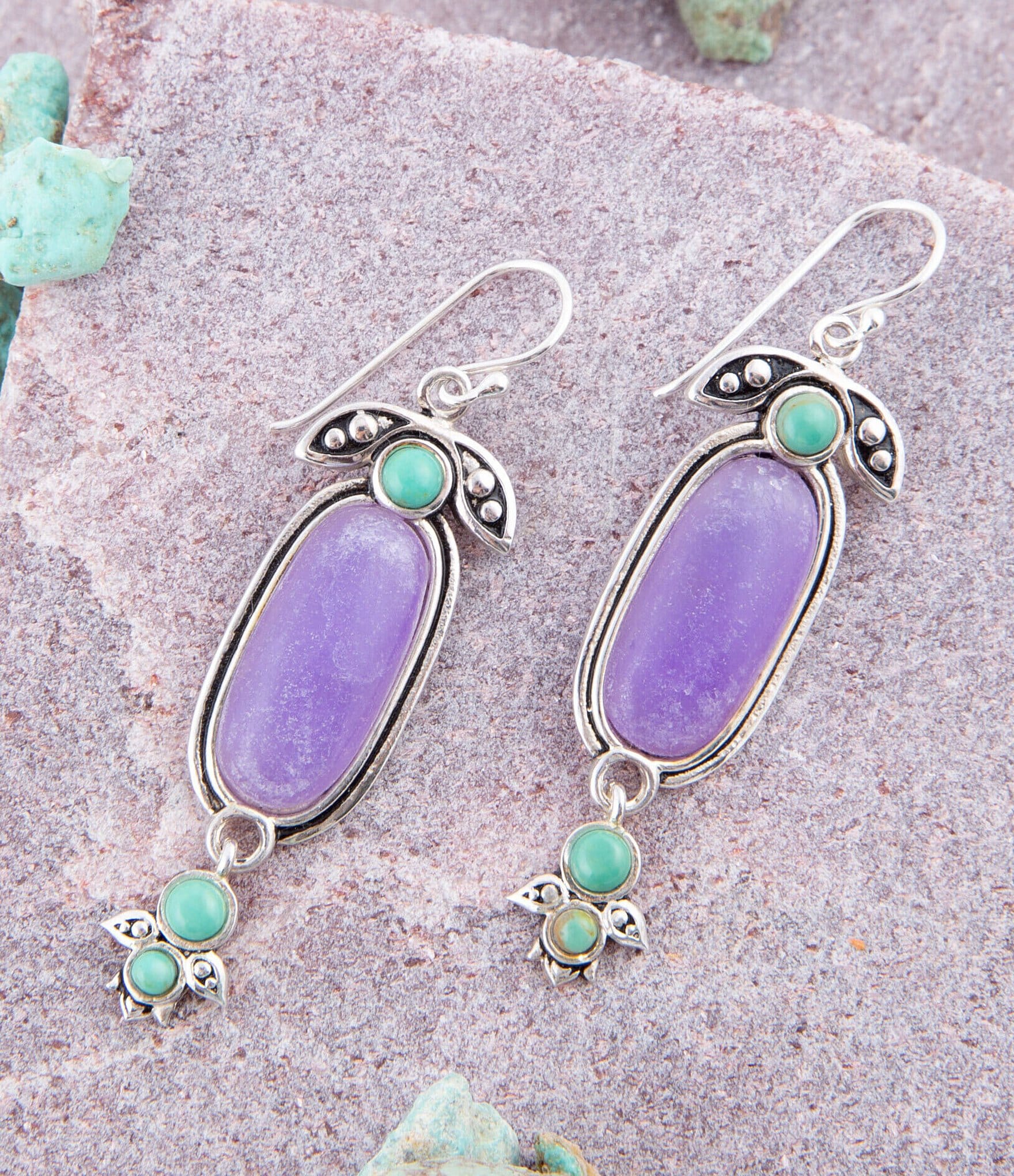 Barse Sterling Silver and Genuine Purple Quartz & Turquoise Stone Southwest Floral Drop Earrings