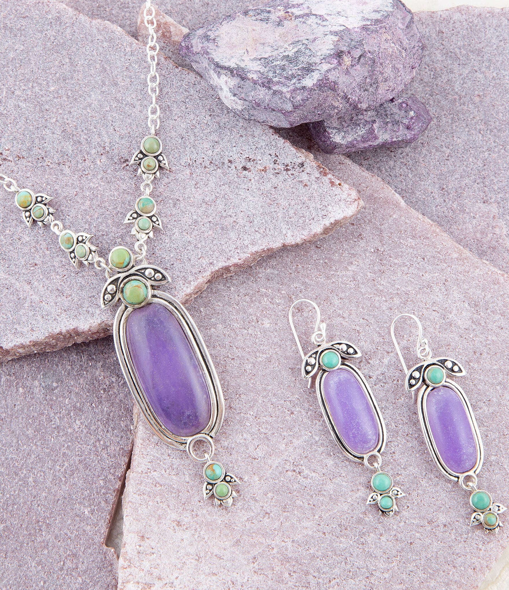 Barse Sterling Silver and Genuine Purple Quartz & Turquoise Stone Southwest Floral Drop Earrings