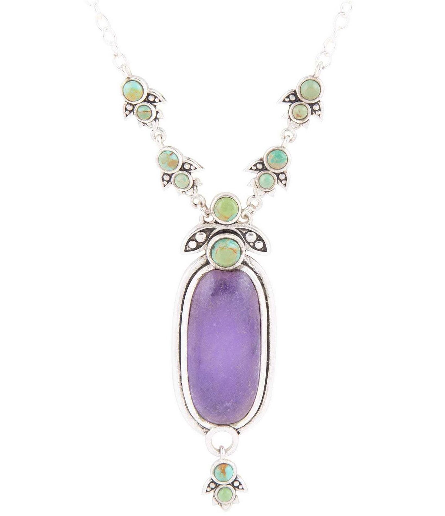 Barse Sterling Silver and Genuine Purple Quartz and Turquoise Stone Southwest Floral Y Necklace