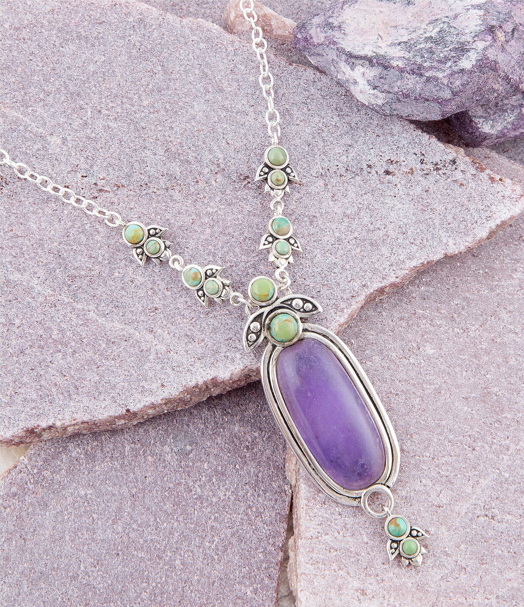 Barse Sterling Silver and Genuine Purple Quartz and Turquoise Stone Southwest Floral Y Necklace